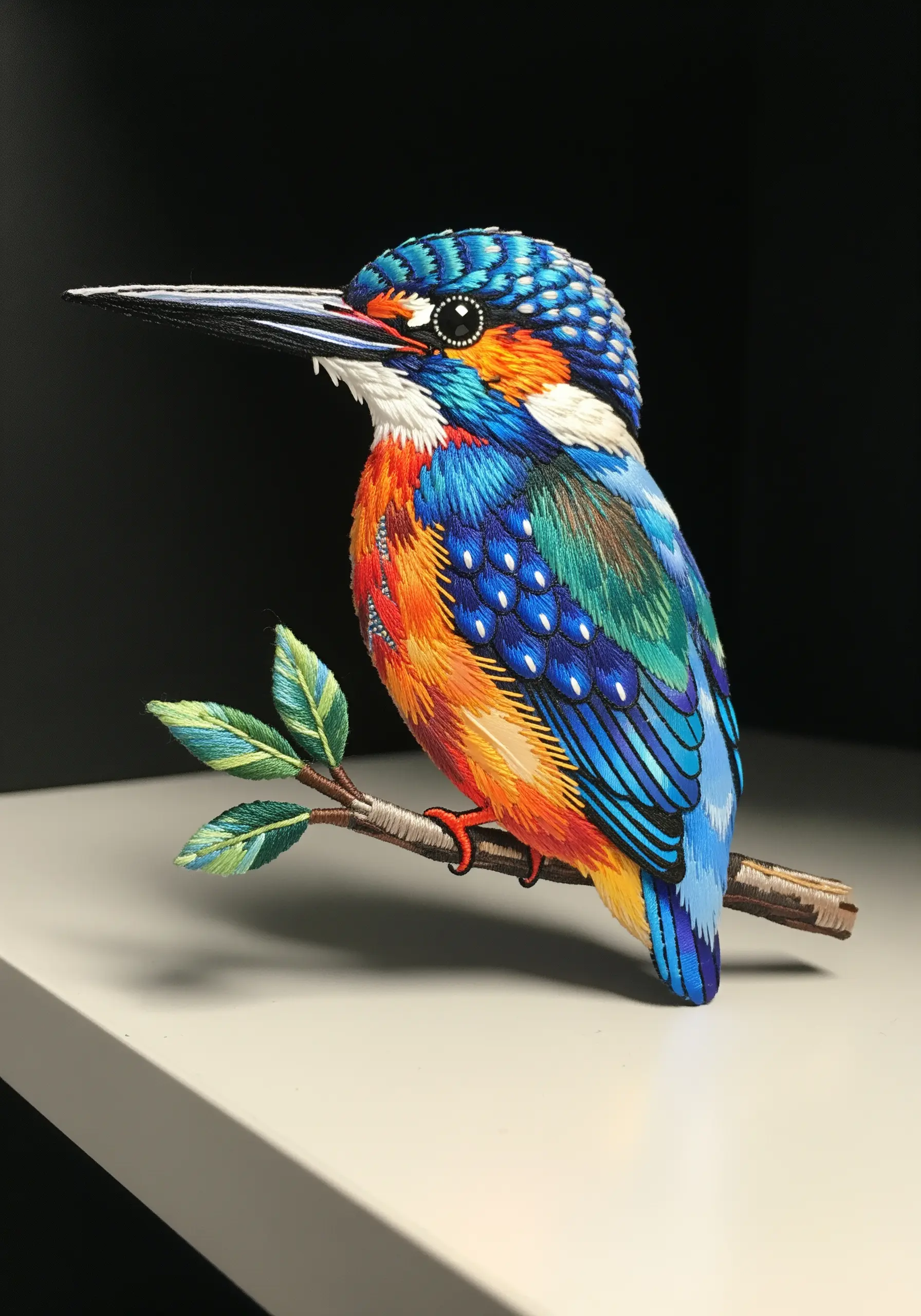 A hyper-realistic kingfisher made with fabric appliqué and dense thread painting.