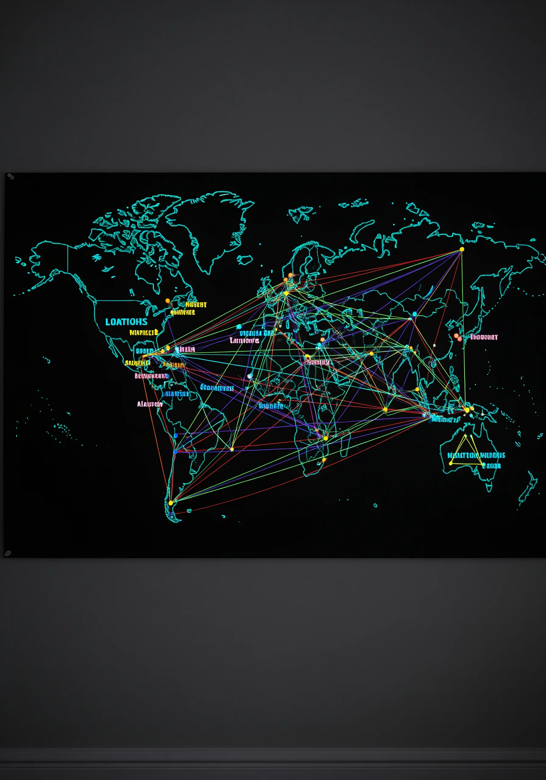 World map on a black screen with glowing neon green outlines and colorful connecting lines.