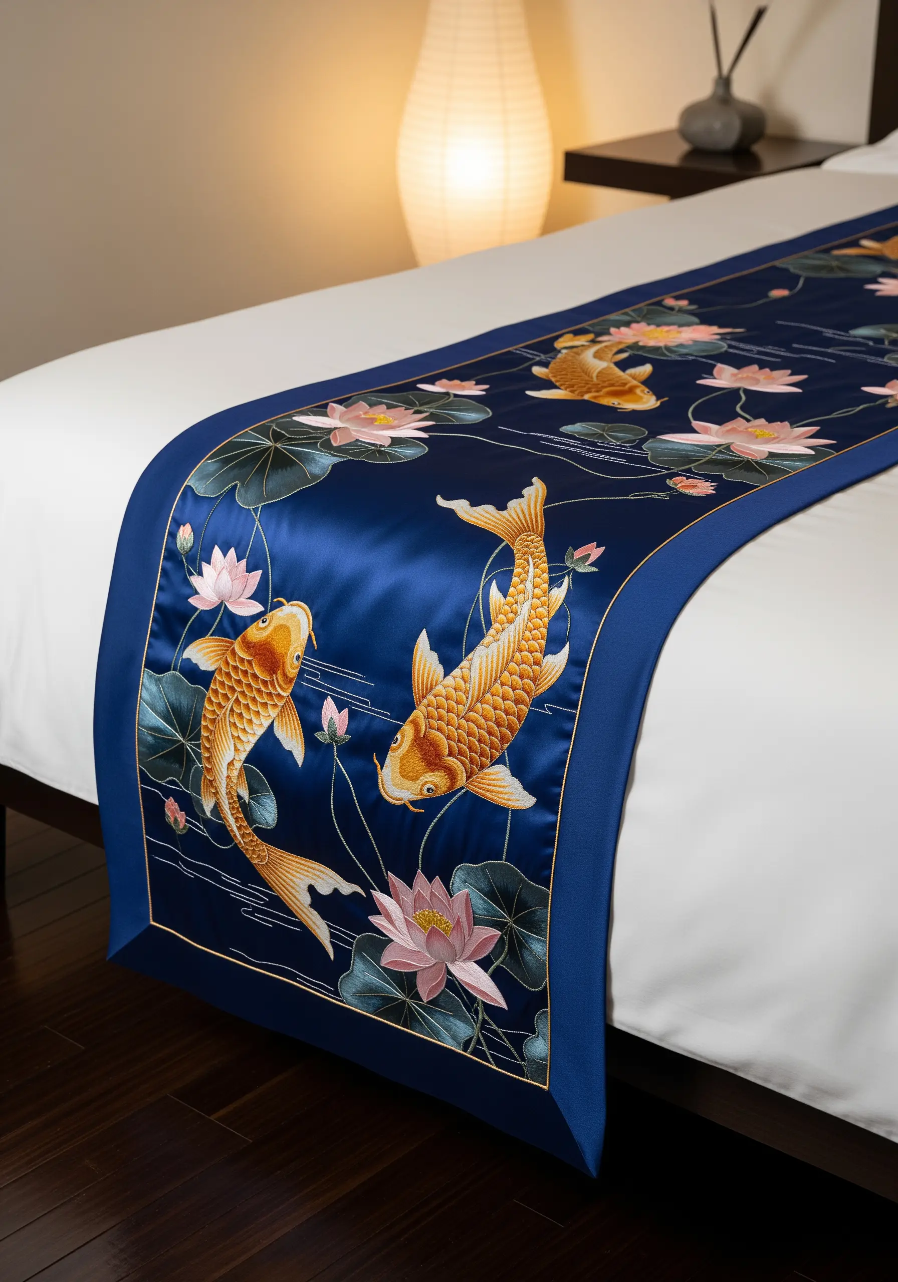 A deep blue satin bed runner with intricately embroidered koi fish and lotus flowers.
