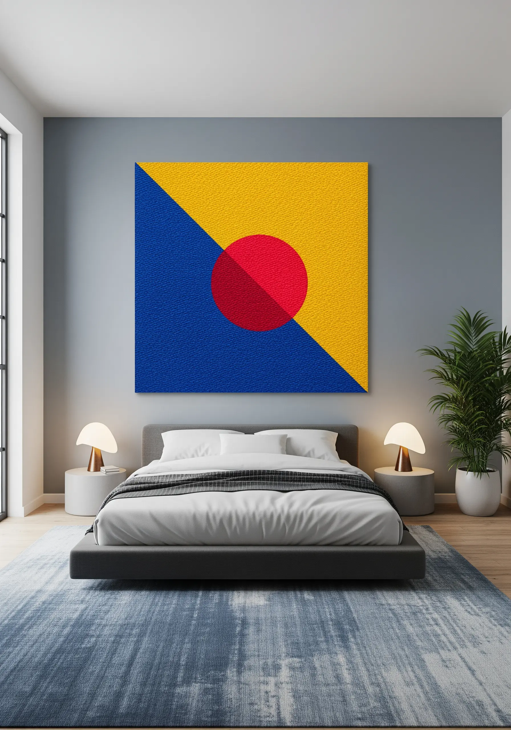 Large abstract geometric embroidery with color blocks of yellow, blue, and a red circle.