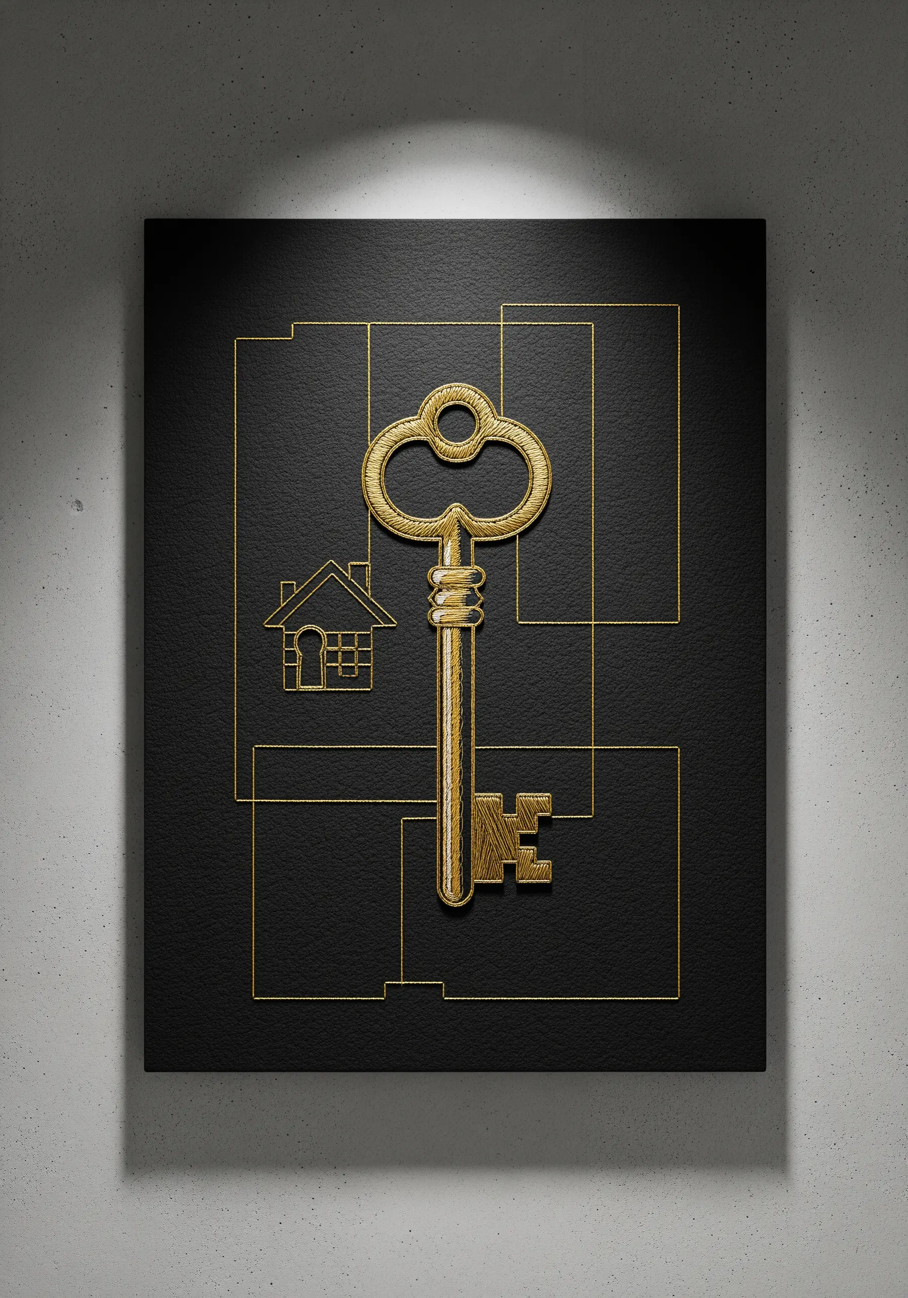 A gold embroidered key with fine geometric lines on a black background.