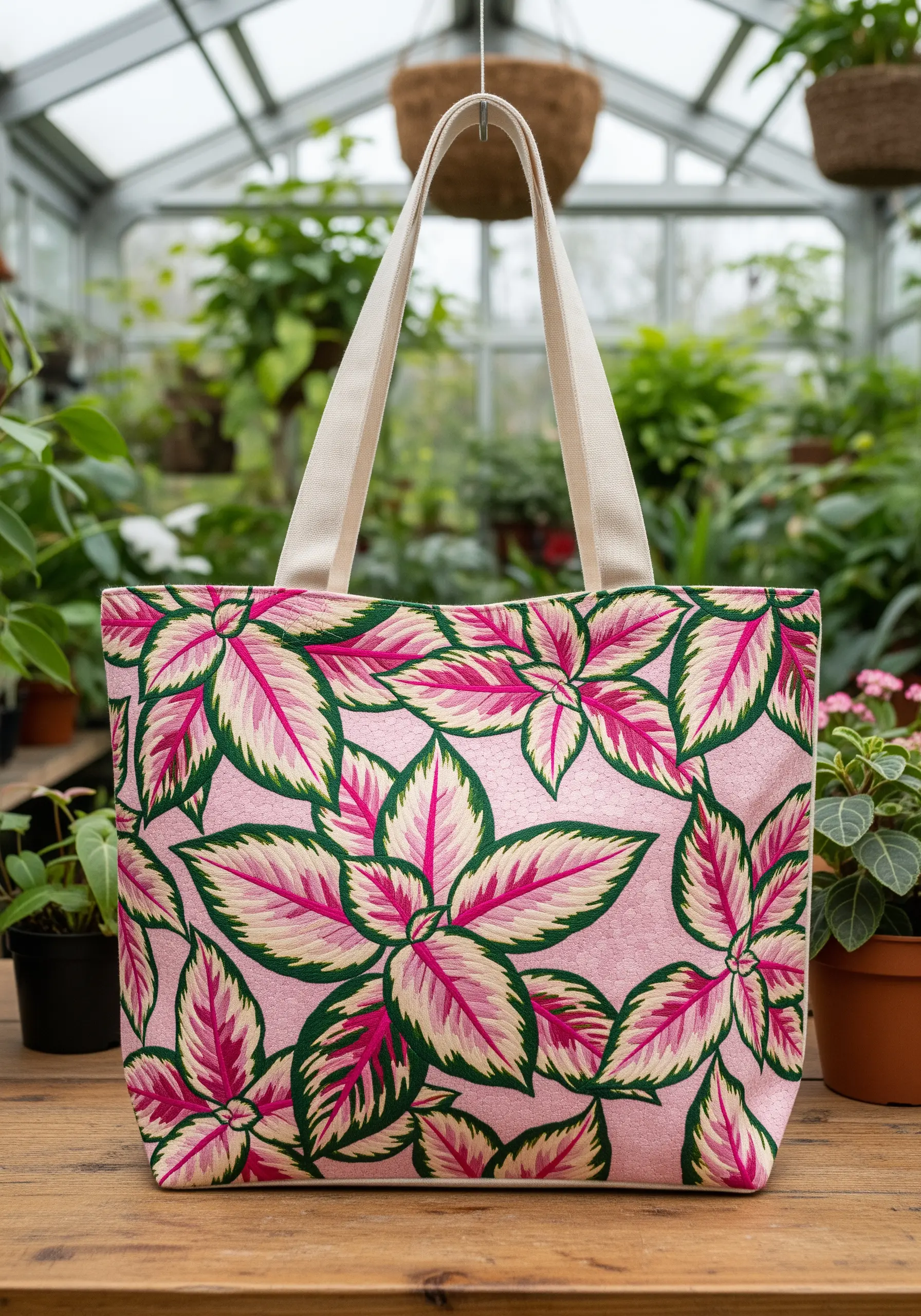 A tote bag covered in a repeating pattern of embroidered pink, cream, and green Stromanthe leaves.