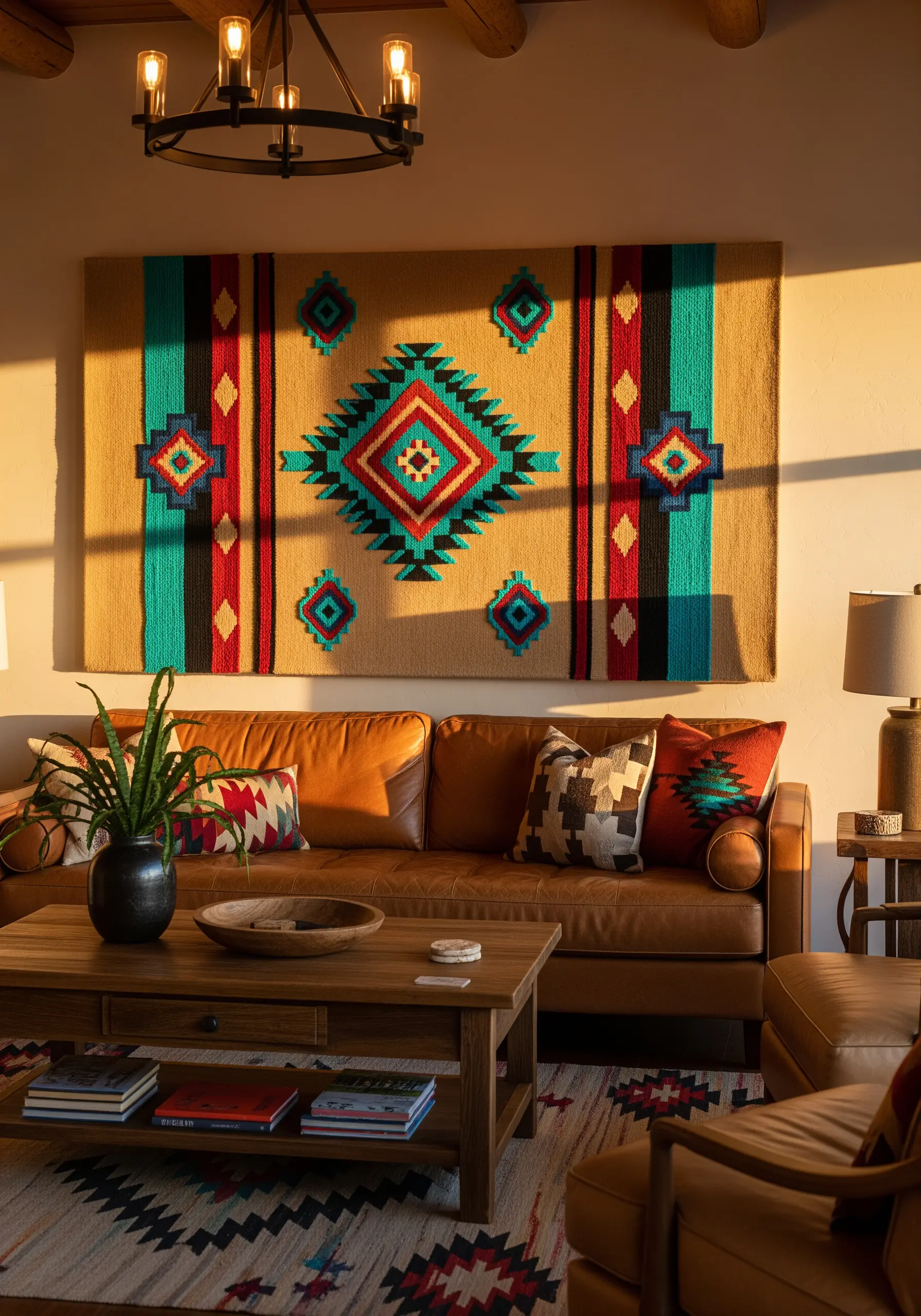 A large, Southwestern-style geometric tapestry made with a punch needle, hanging above a leather sofa.
