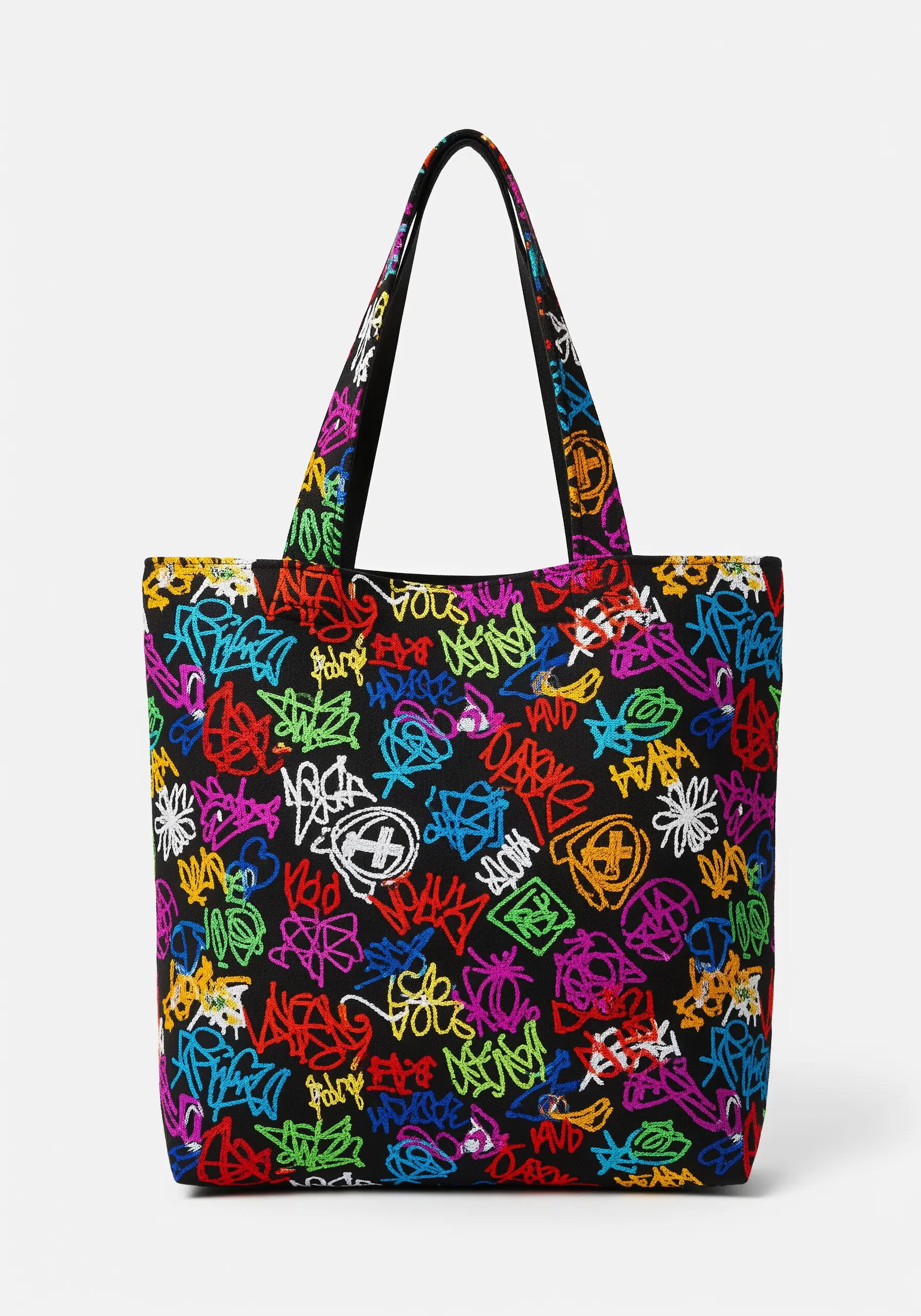 An all-over pattern of colorful, abstract graffiti tags on a black tote bag.