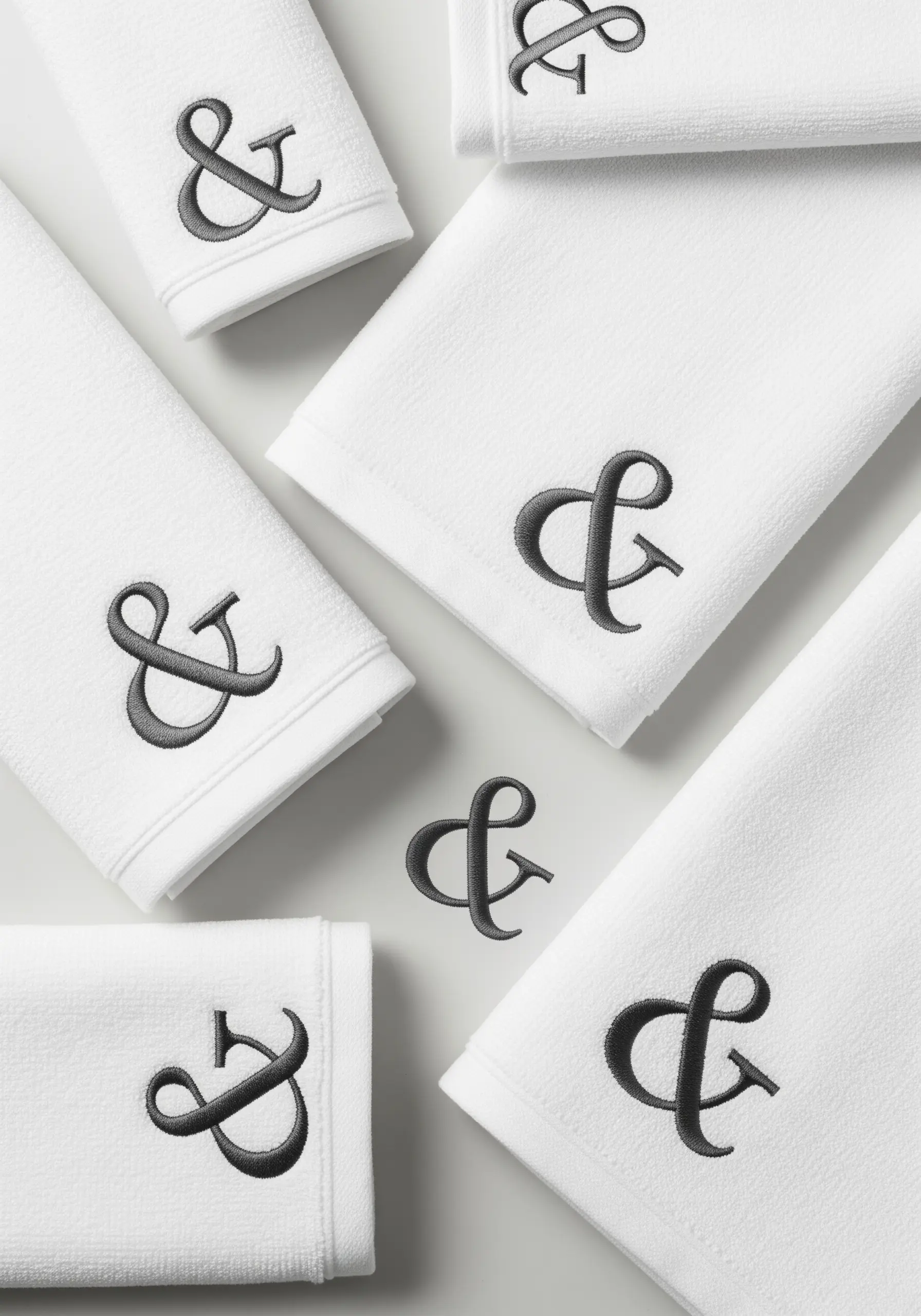 An elegant gray ampersand monogram embroidered on folded white terrycloth towels.