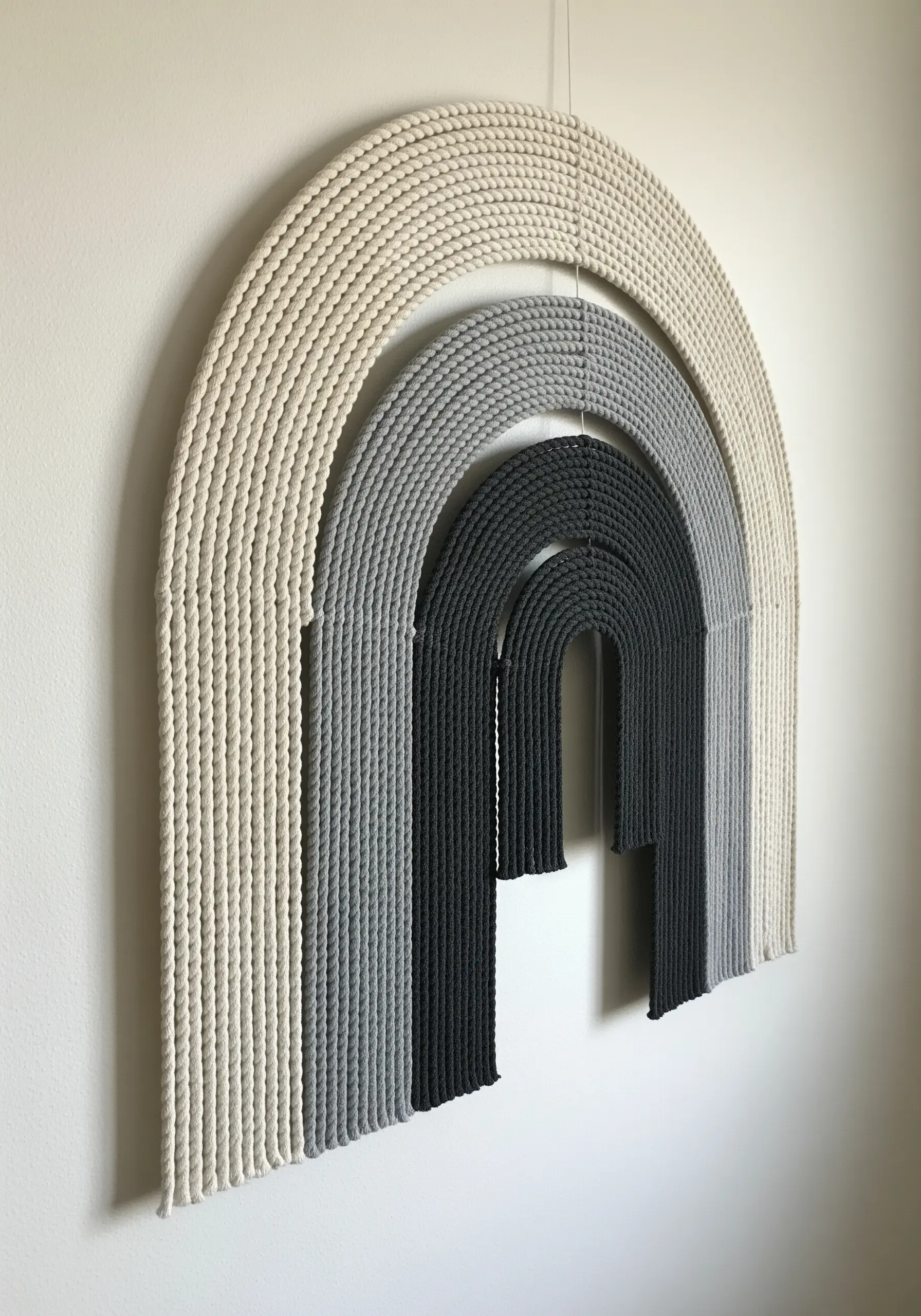A large, architectural rainbow wall hanging made of wrapped cord in a monochrome gradient.