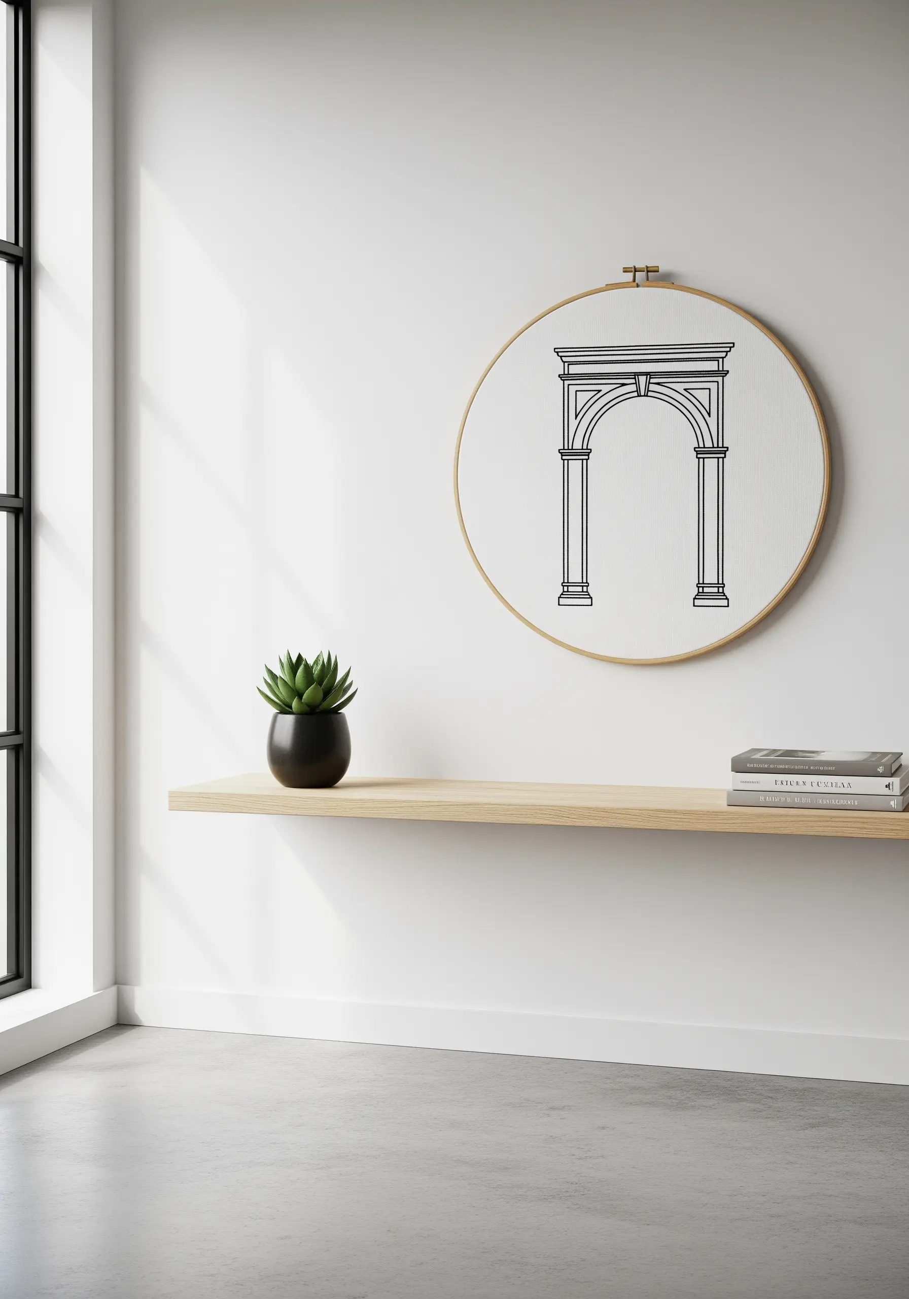 A large embroidery hoop featuring a clean, black line art drawing of an architectural arch.