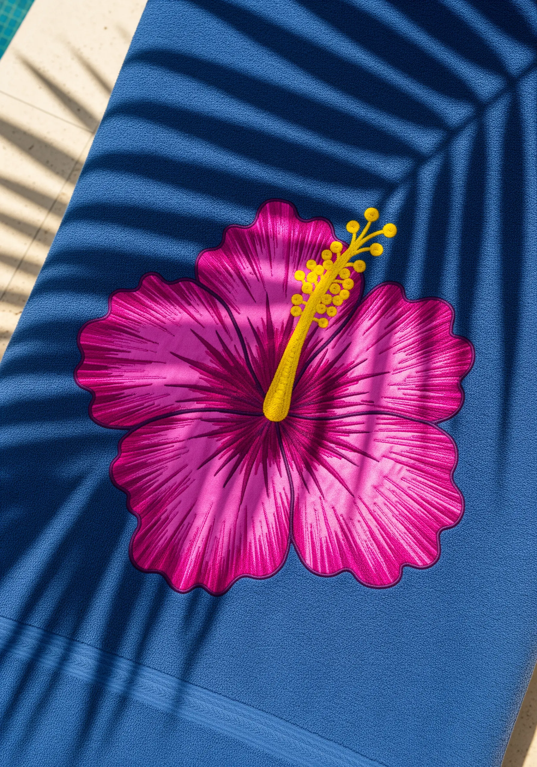 A large, vibrant magenta hibiscus flower embroidered on a dark blue terrycloth towel.