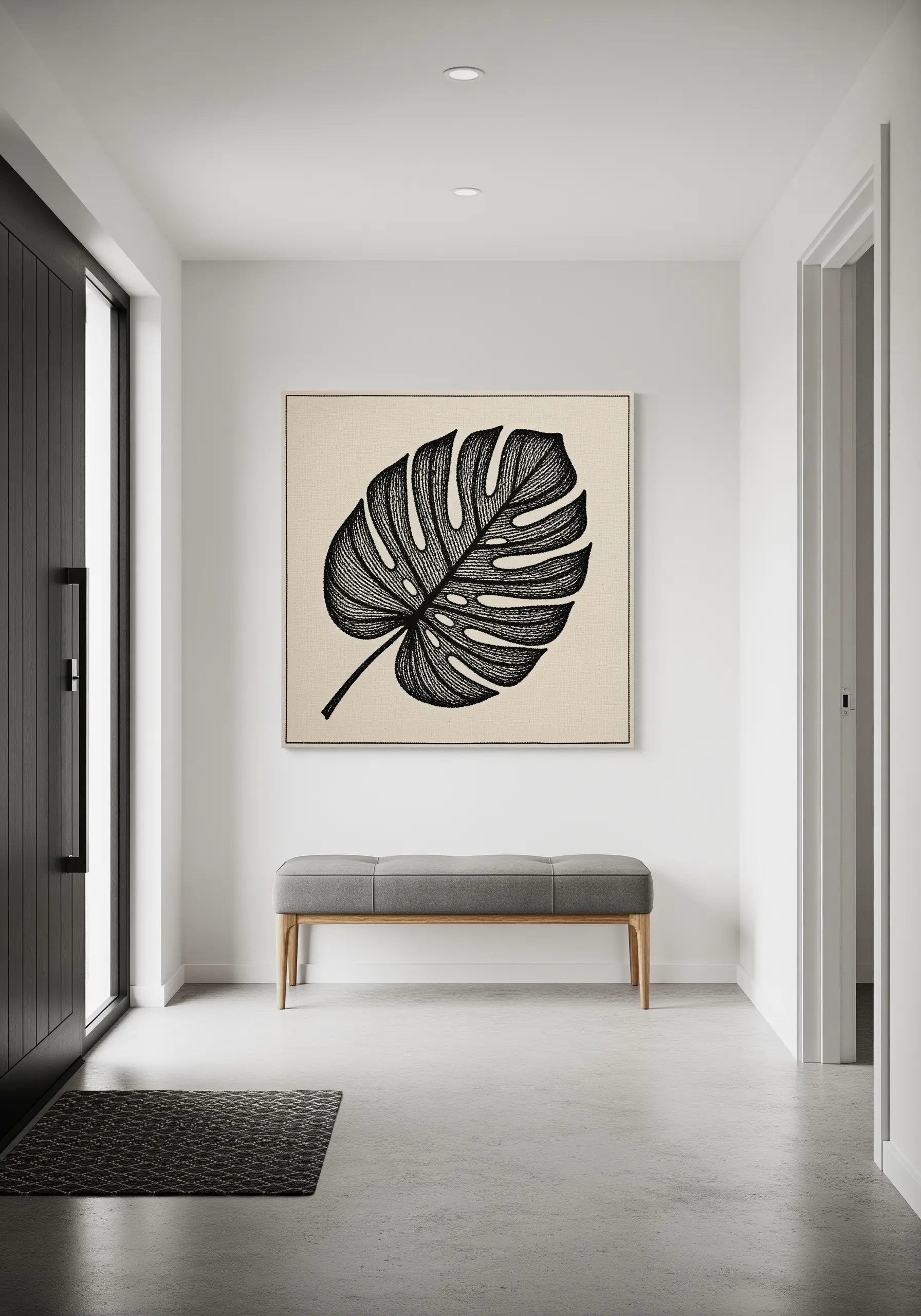 A large, bold embroidery of a monstera leaf in black thread on a neutral canvas.