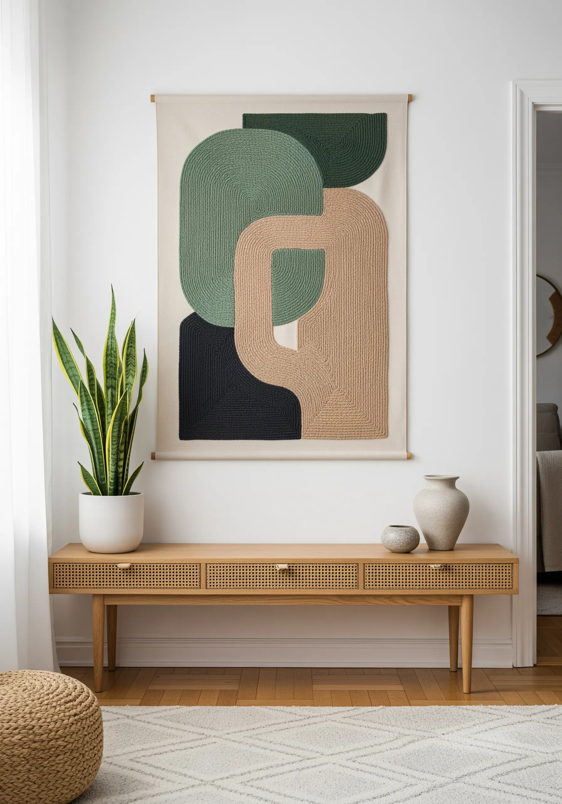 Large abstract wall hanging with green, beige, and black organic shapes.