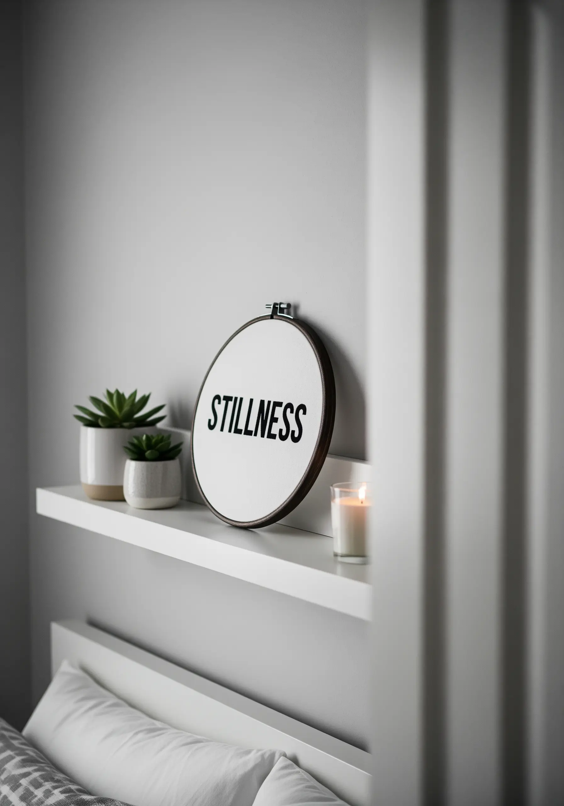 Bold, black, satin-stitched word 'STILLNESS' on white fabric in a dark hoop.