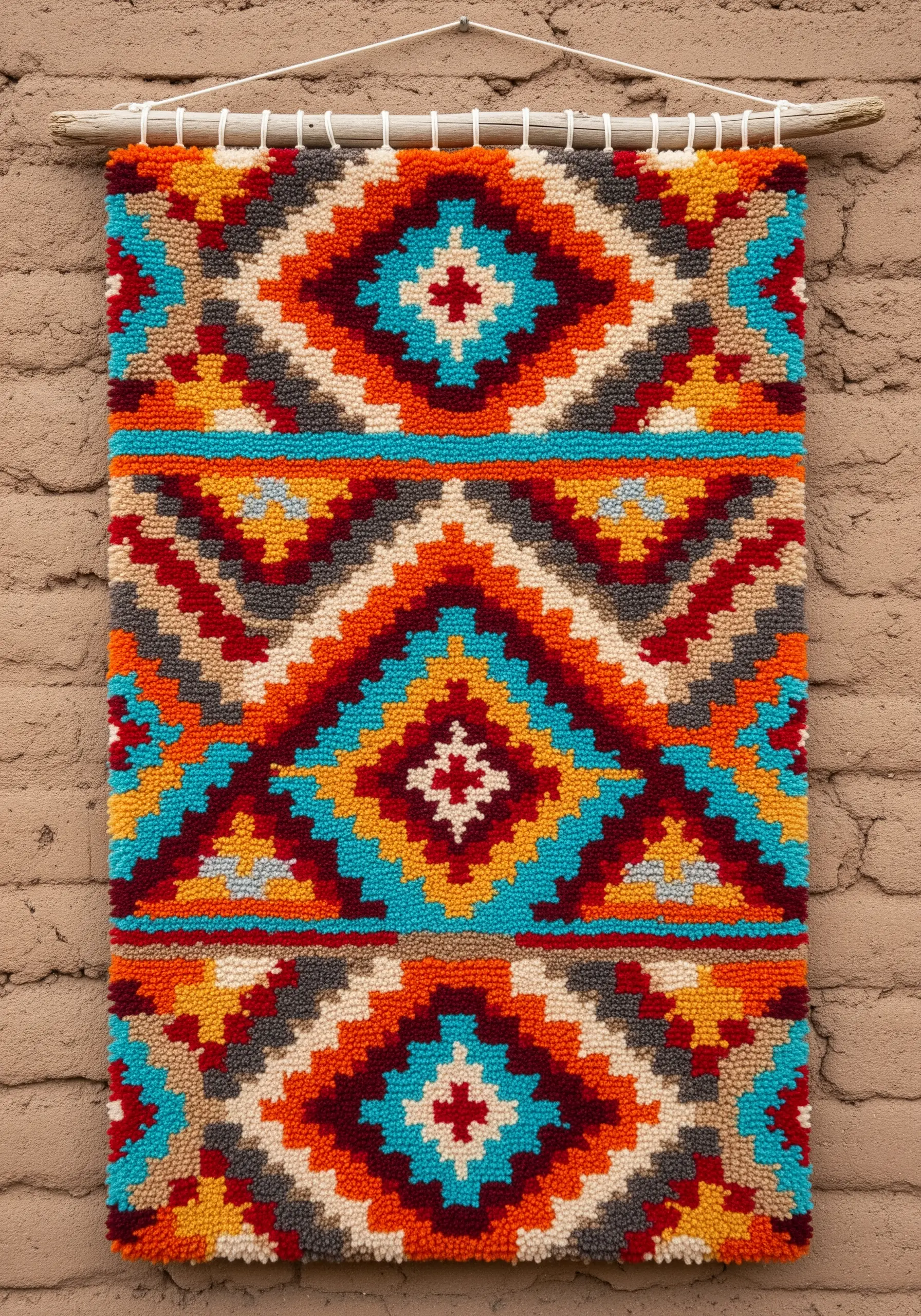 Colorful latch hook wall hanging with a vibrant Southwestern-inspired diamond pattern.