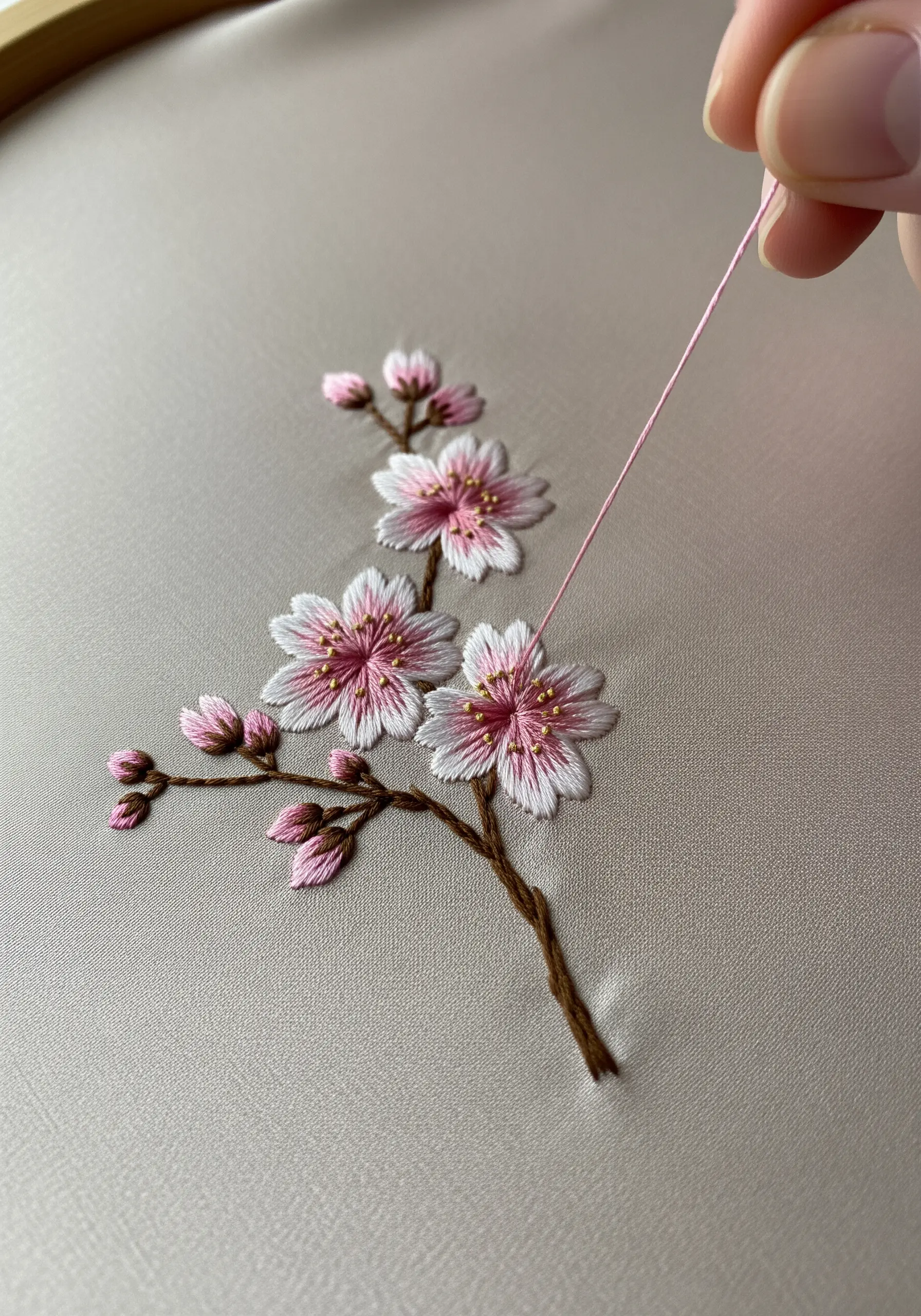 Close-up of a hand embroidering delicate cherry blossoms with pink and white gradient petals.