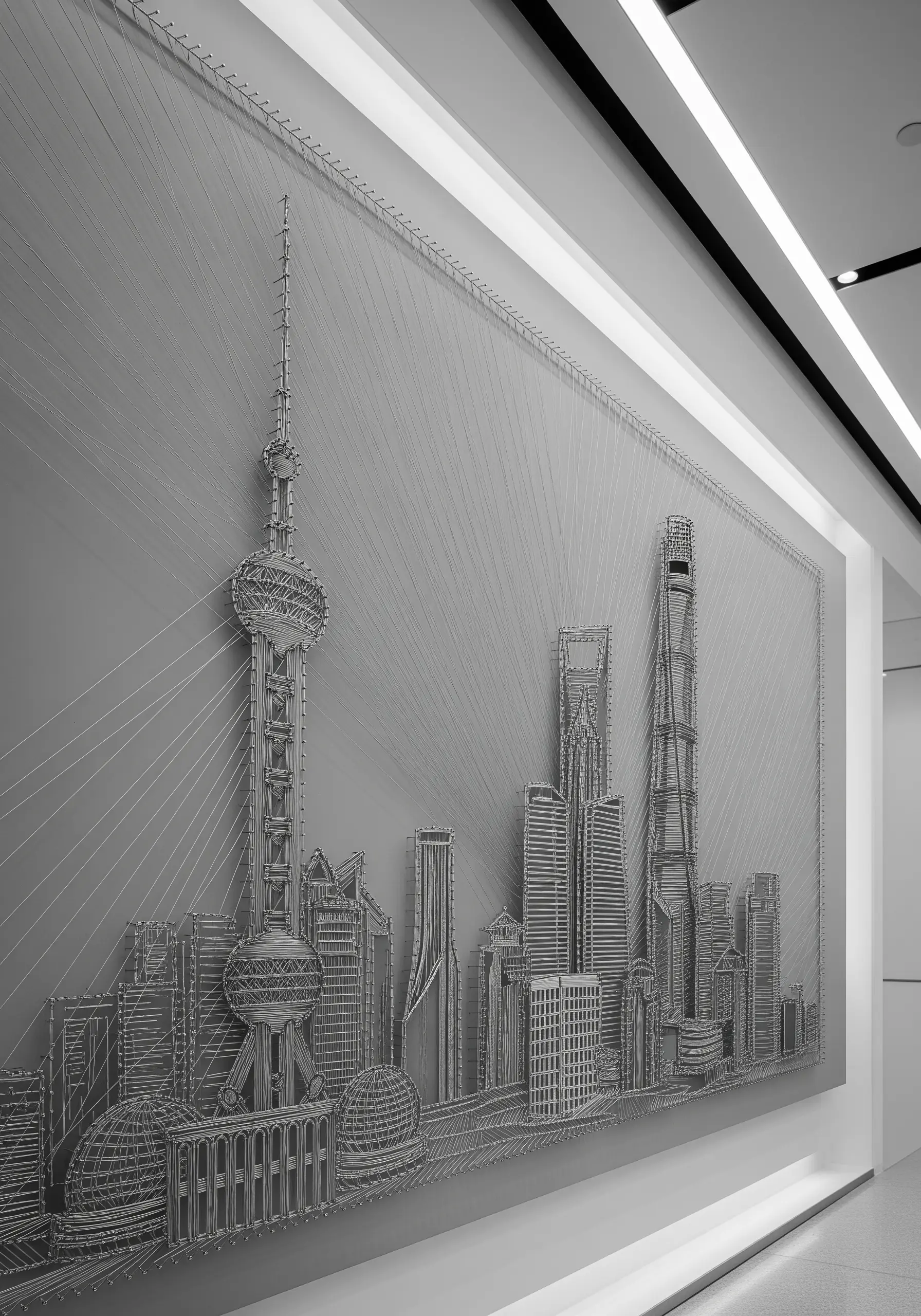 Monochromatic string art of the Shanghai skyline using only grey and white thread for a sleek look.