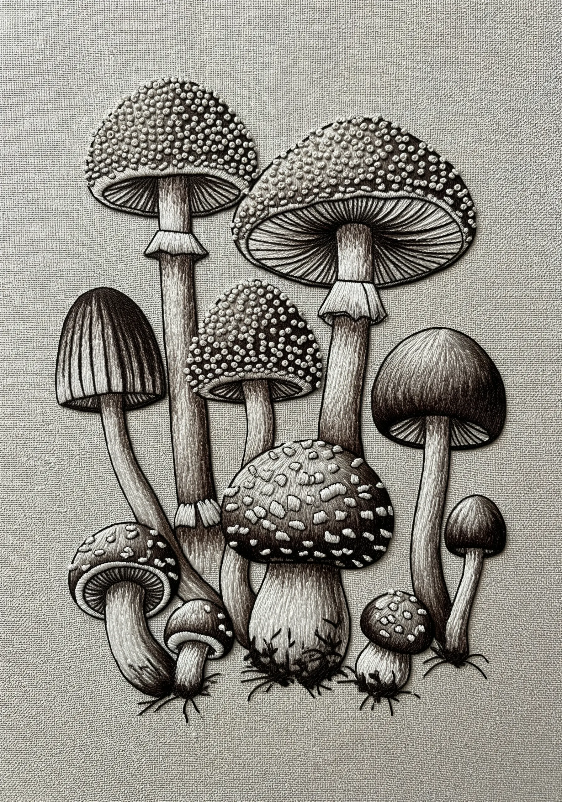 A collection of mushrooms embroidered in a black and white illustrative style.