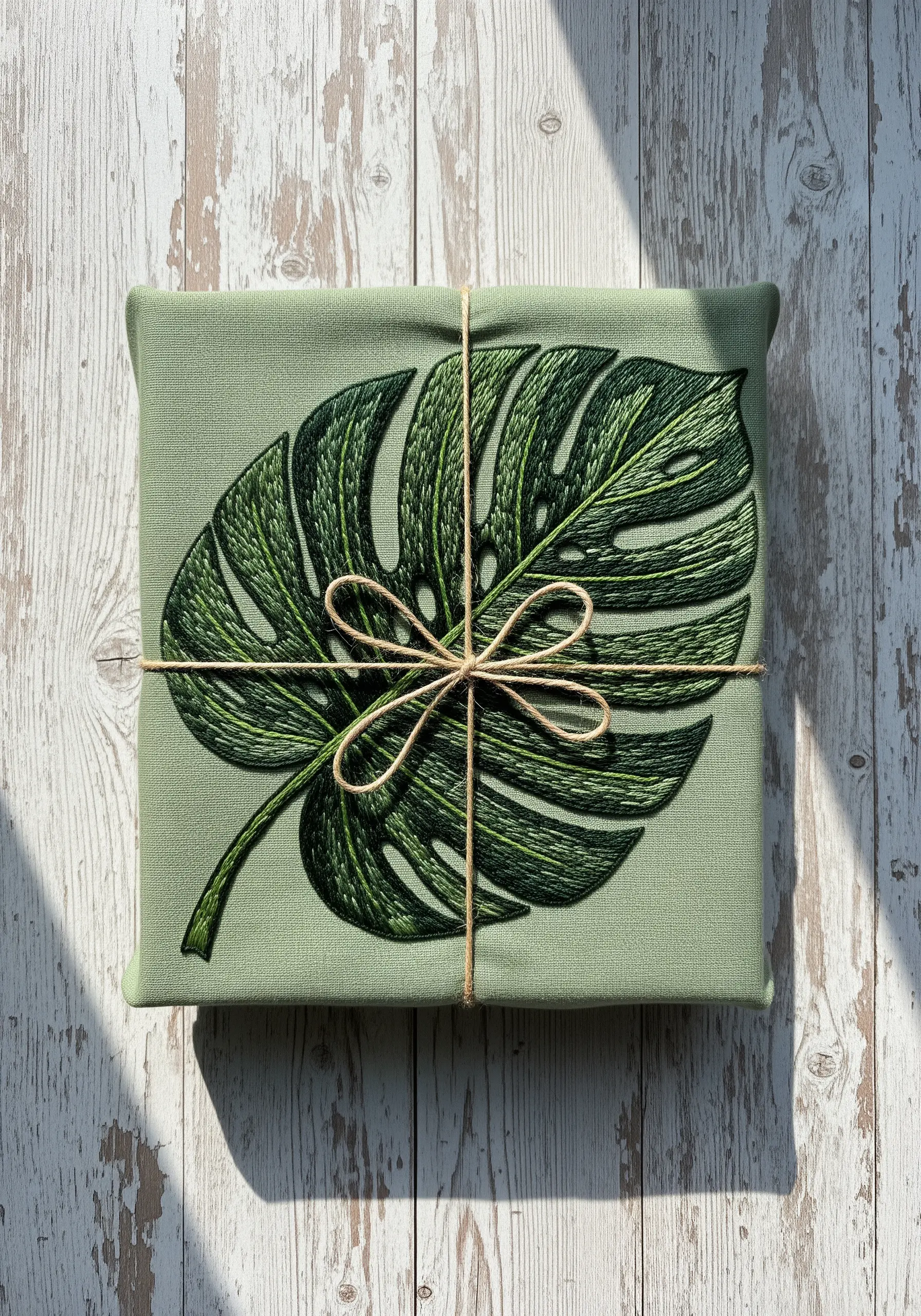 A large, detailed thread-painted monstera leaf on a sage green fabric gift wrap.