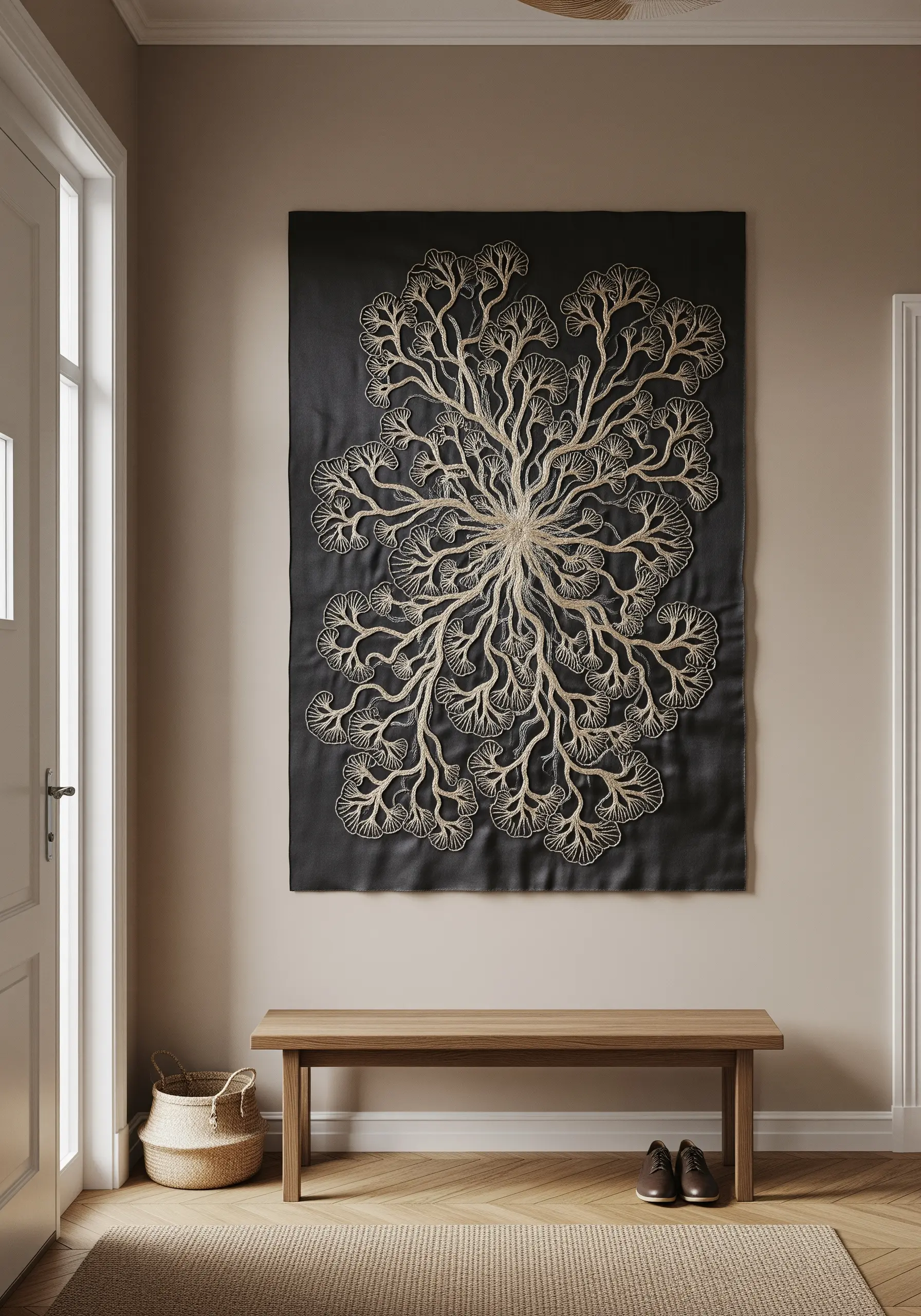Gold metallic thread embroidery of a branching coral pattern on a large black wall hanging.