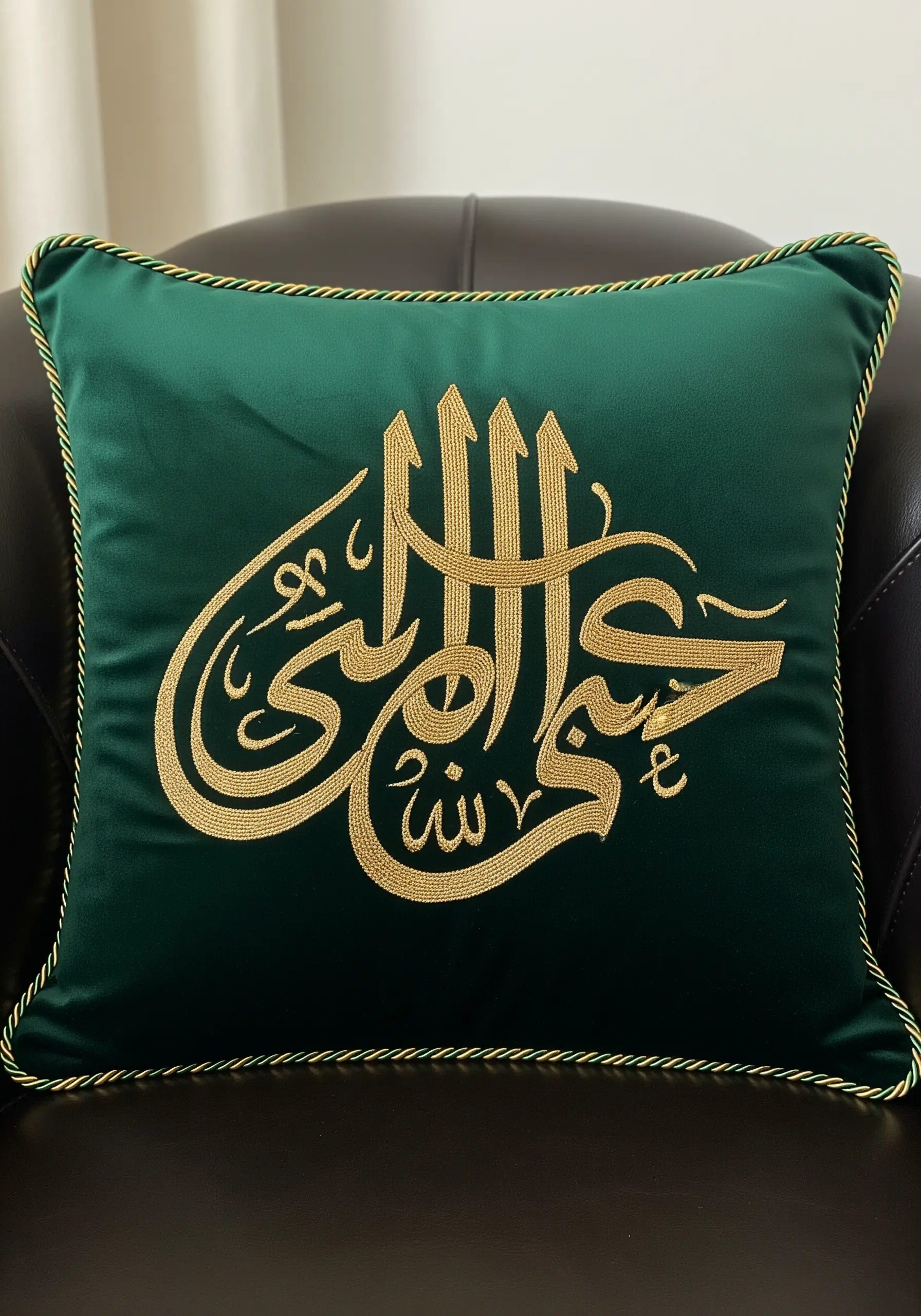 Gold Arabic calligraphy created with couched cord on a deep green velvet cushion