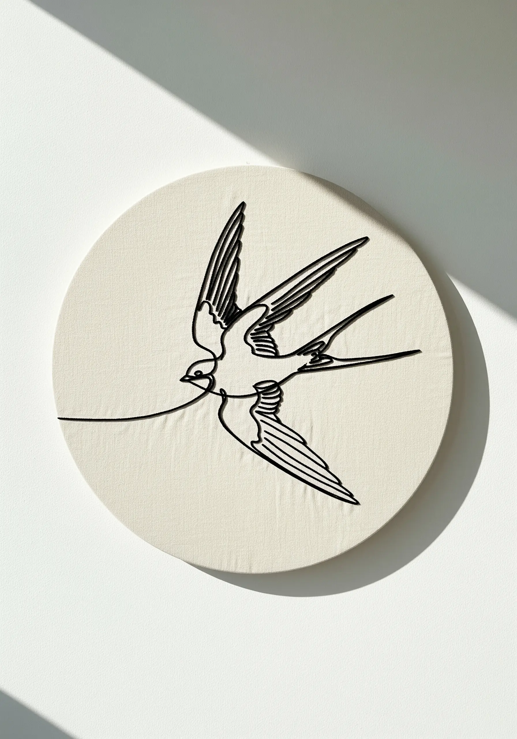 A single-line art embroidery of a swallow in flight, stitched in black on a round canvas.