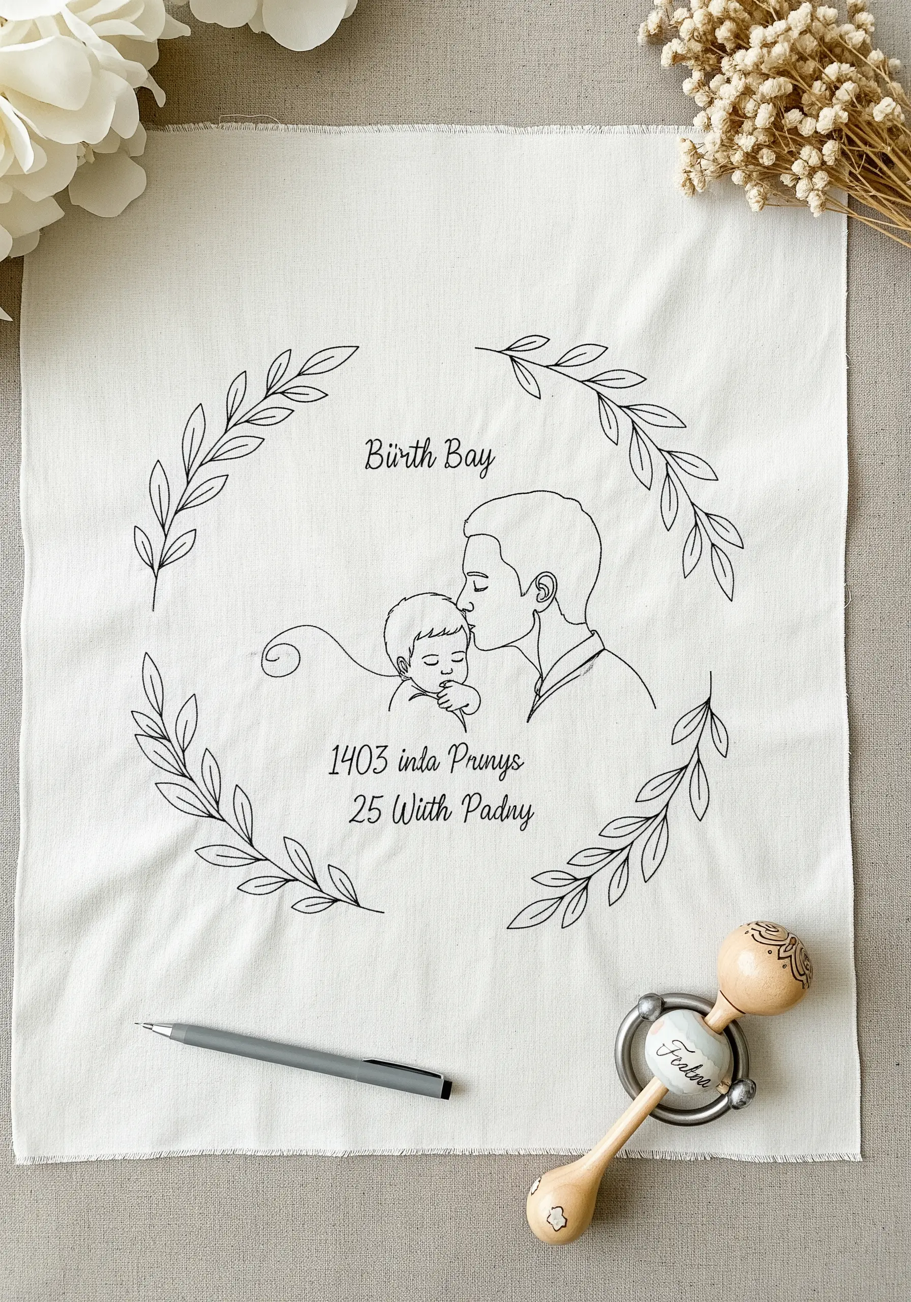 A birth announcement keepsake with an embroidered portrait, name, and date surrounded by a leaf wreath.