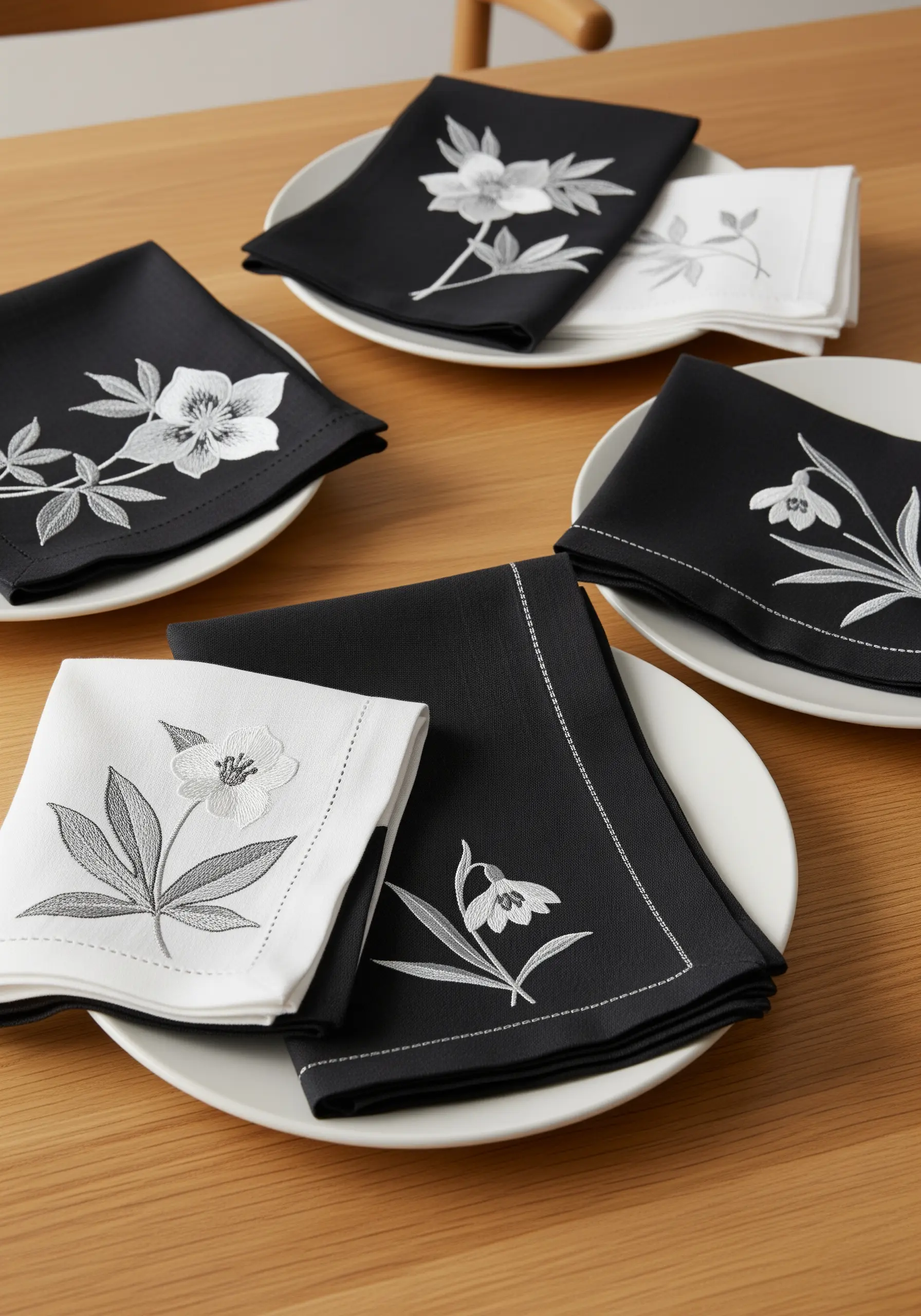 Elegant black and white napkins with embroidered floral designs featuring shading and fine detail.