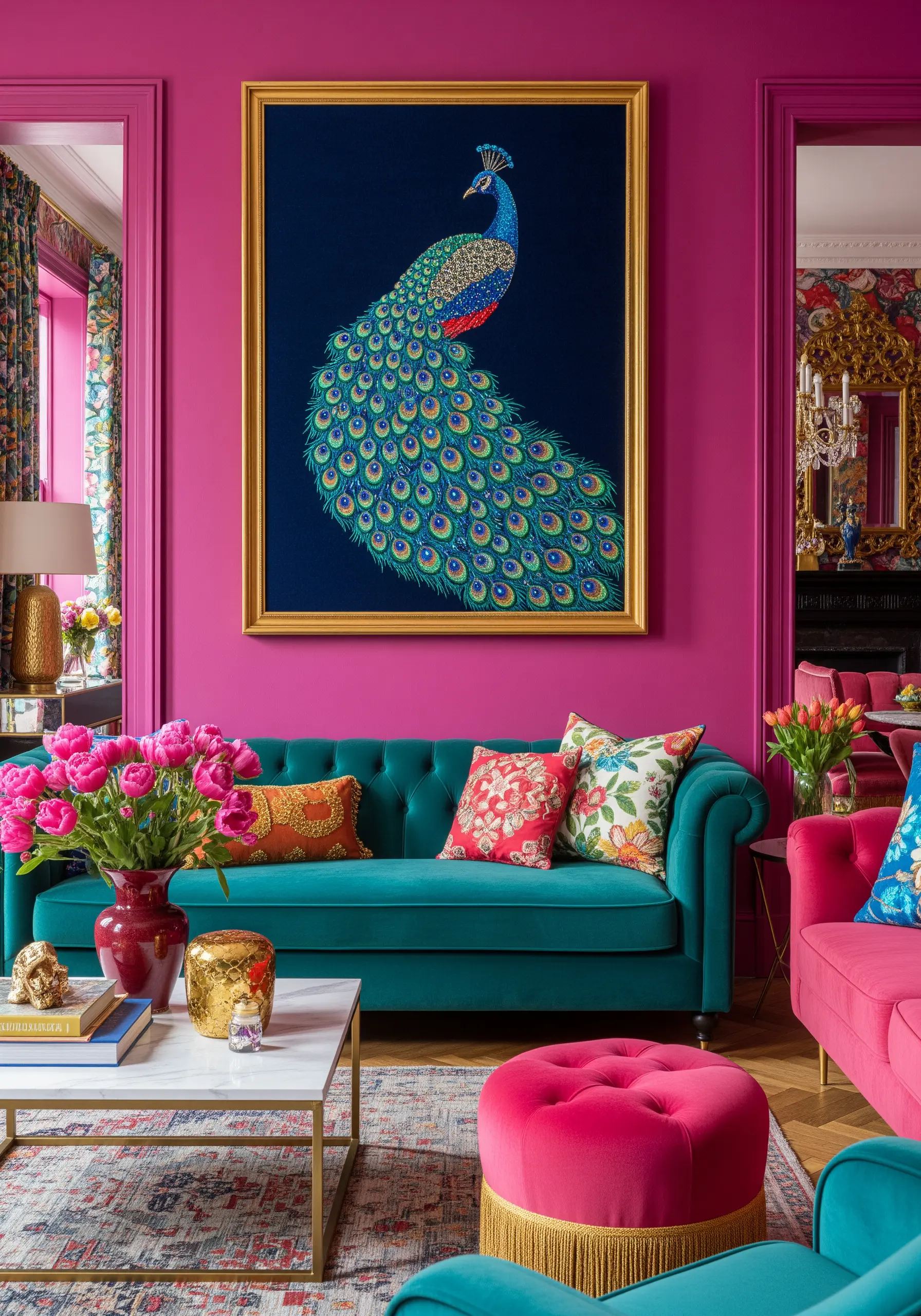 A large, vibrant embroidery of a peacock in a gold frame against a bright pink wall.