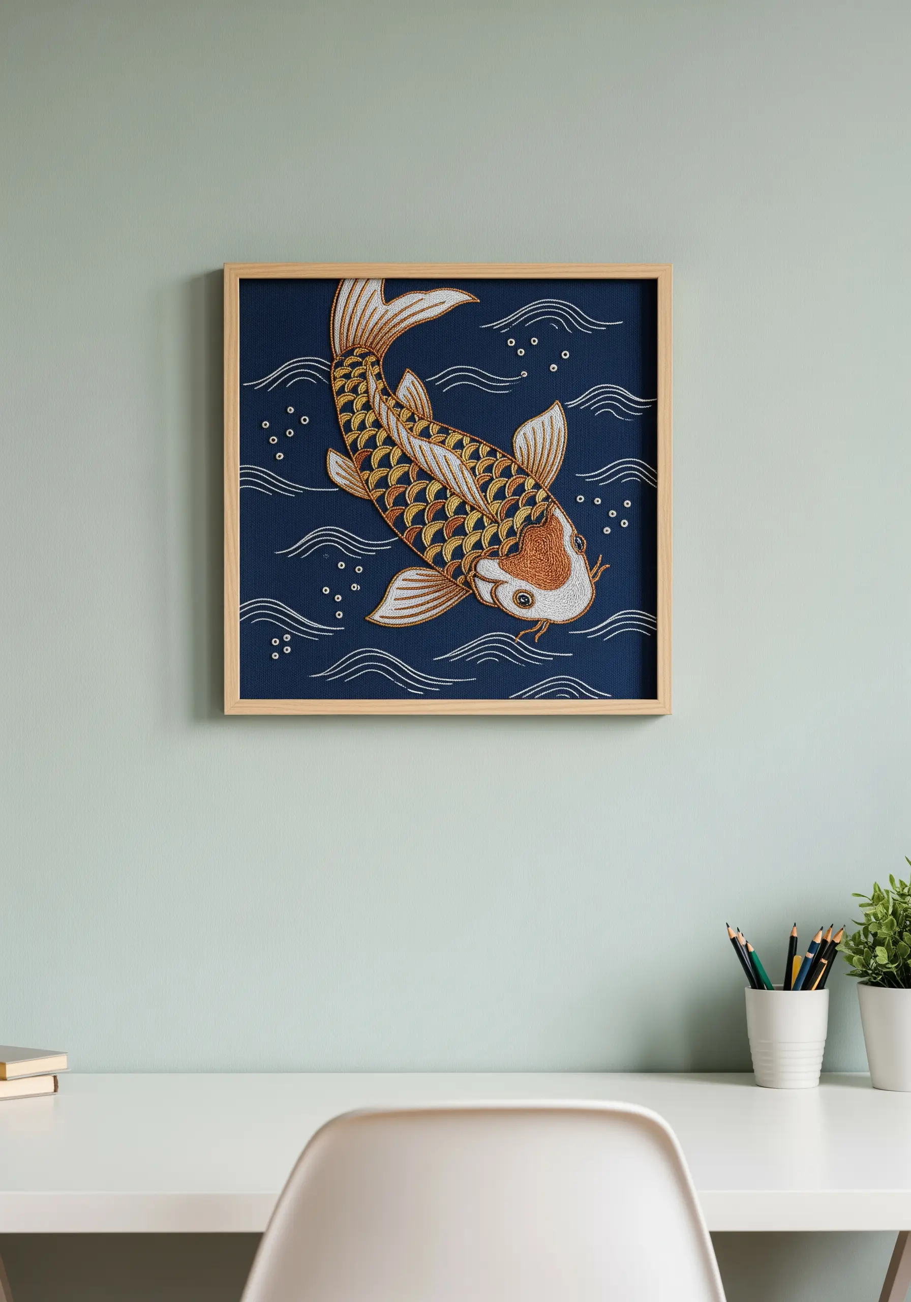 Detailed embroidery of a koi fish with gold, white, and orange thread-painted scales.