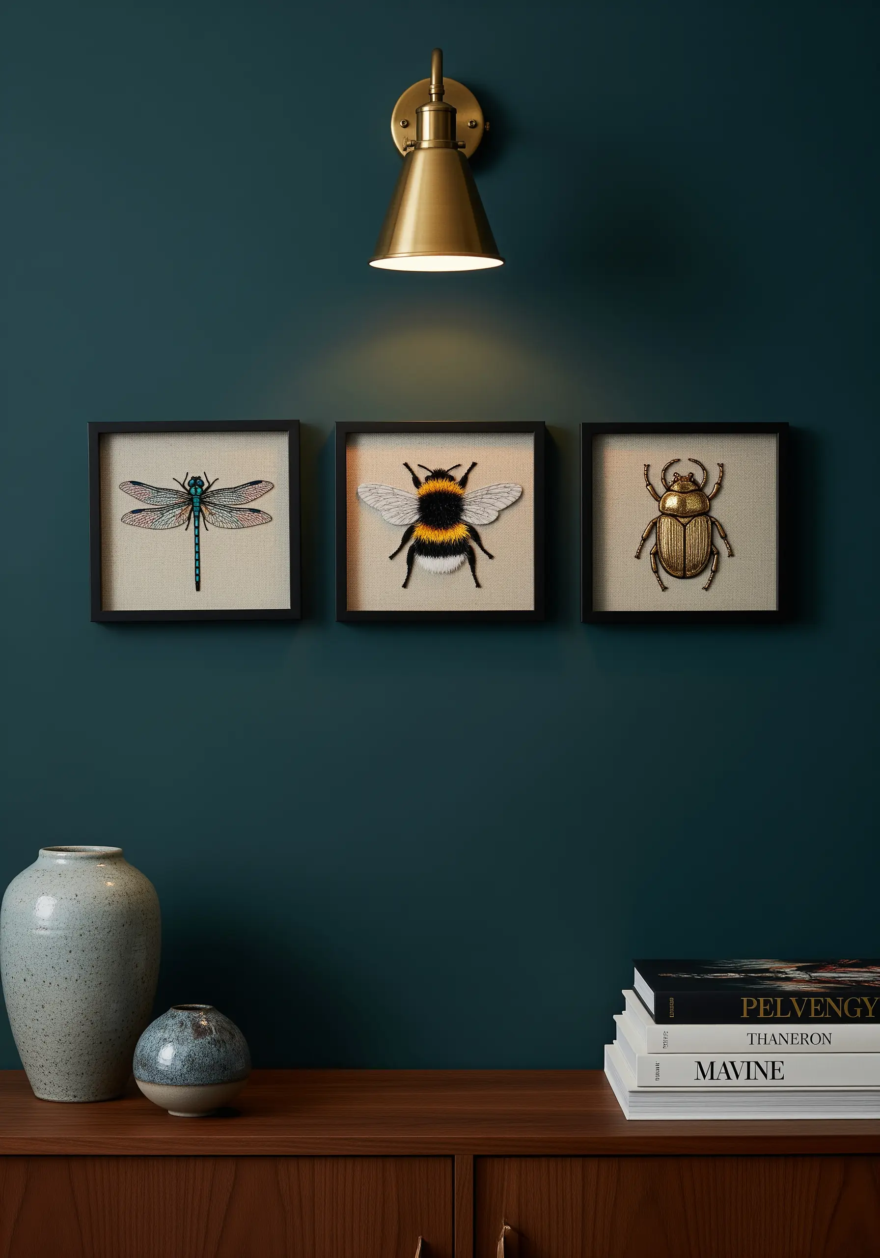 Three framed embroideries of a dragonfly, bumblebee, and scarab beetle against a dark wall.