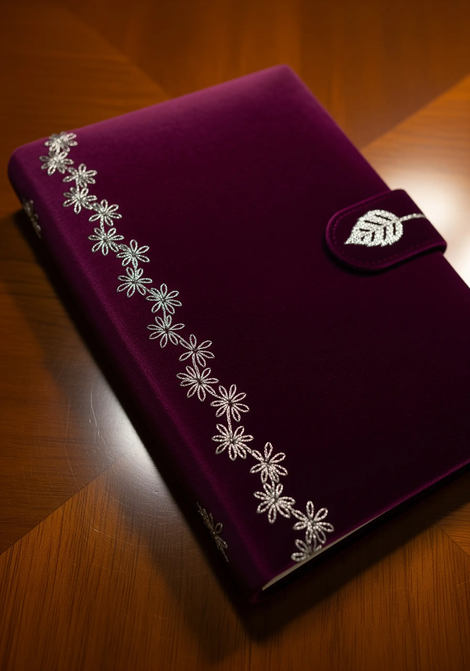 A delicate border of silver metallic flowers embroidered on a deep purple velvet journal.