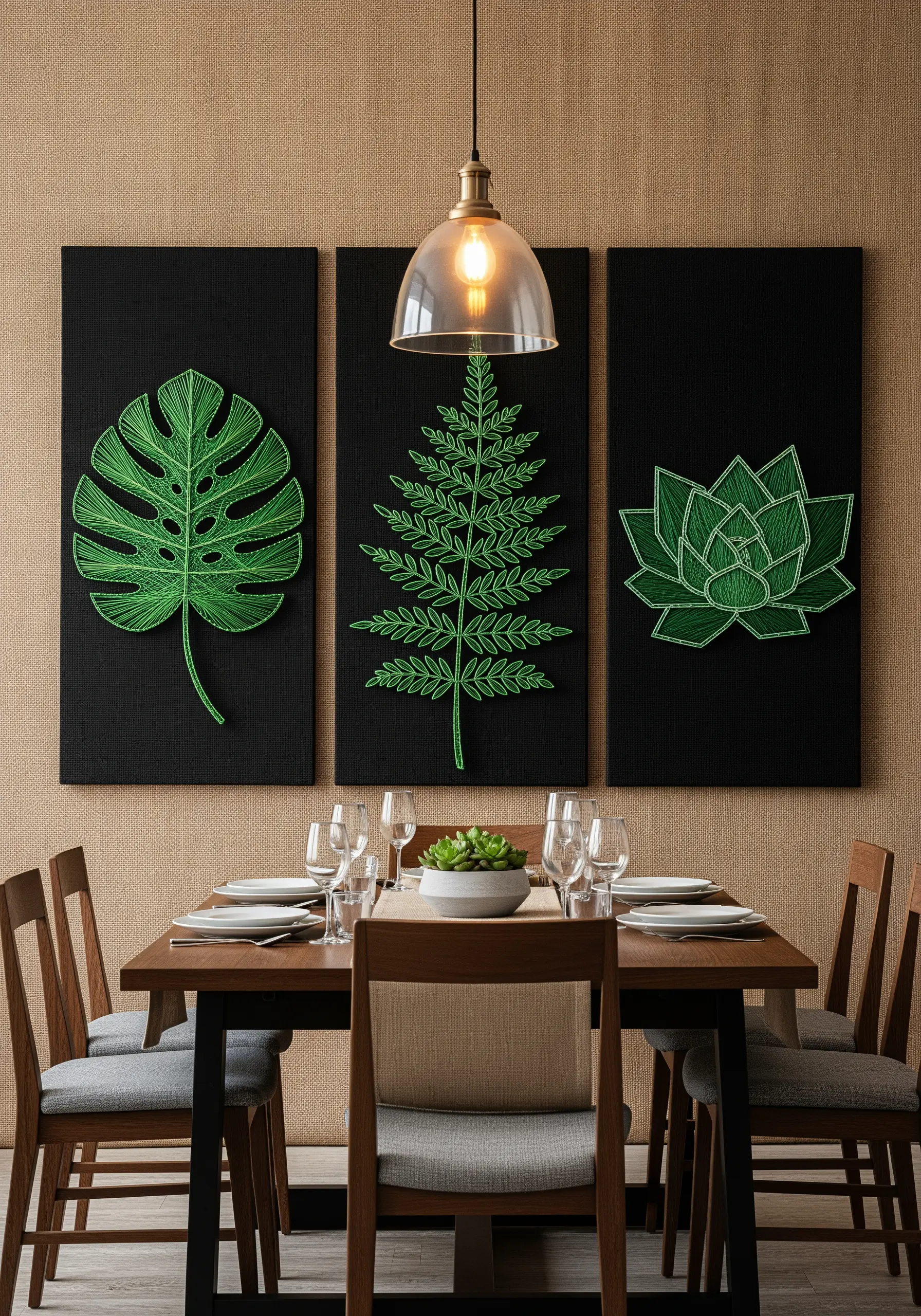 Three-panel wall art featuring green string art botanicals on a black background