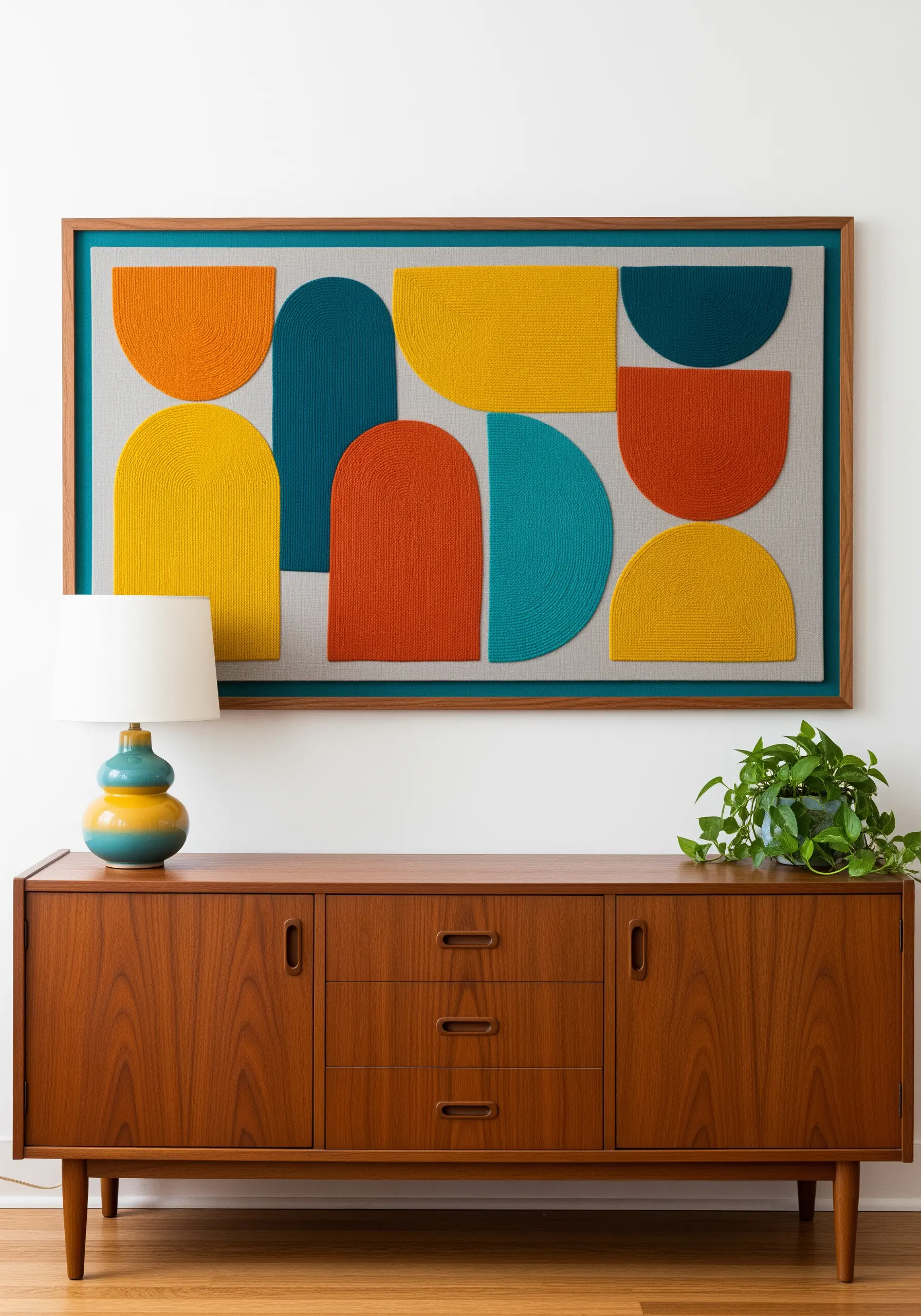 Mid-century modern abstract embroidery with bold, colorful geometric shapes.