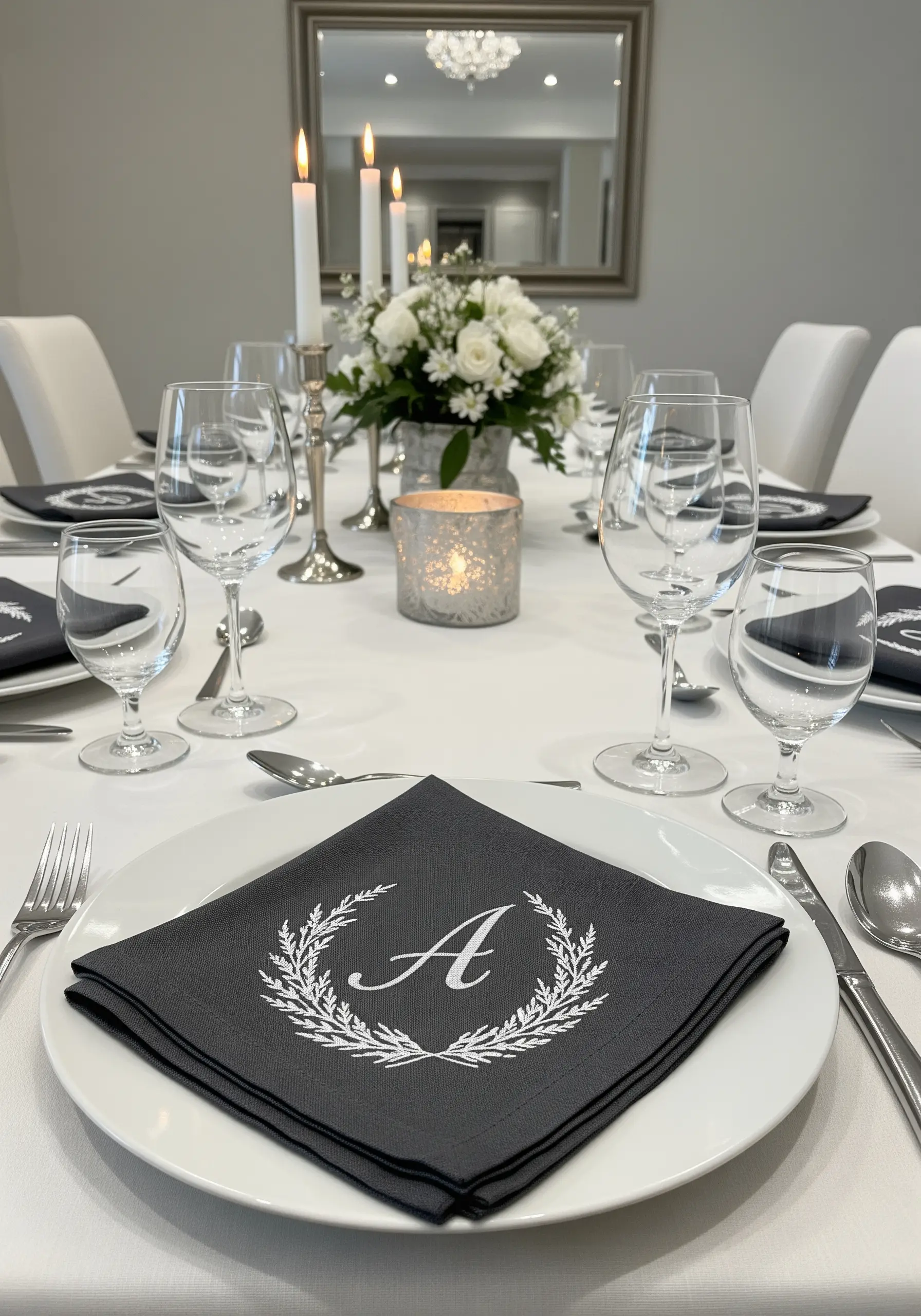 An elegant white monogram 'A' inside a laurel wreath embroidered on a dark grey cloth napkin.