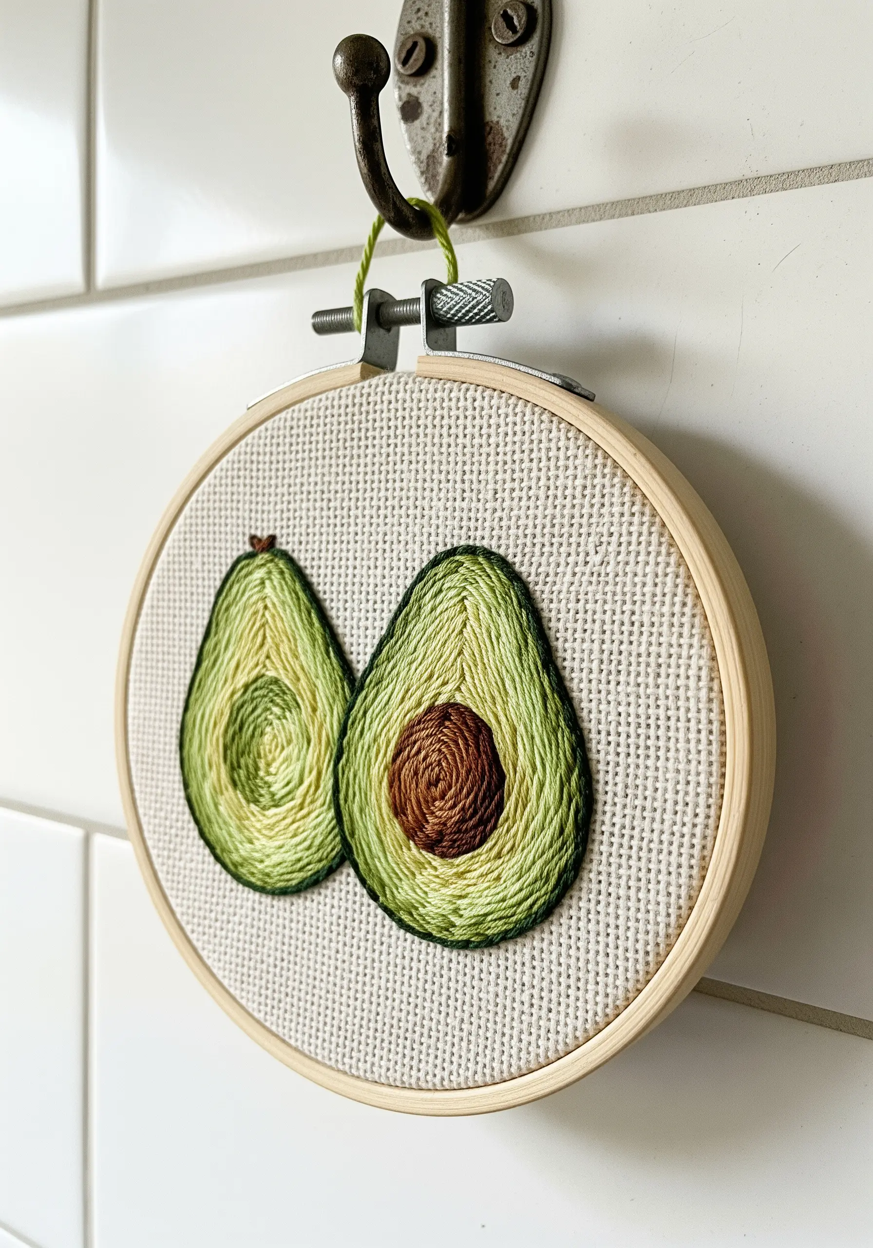 Two avocado halves stitched with variegated thread to create a natural color gradient.