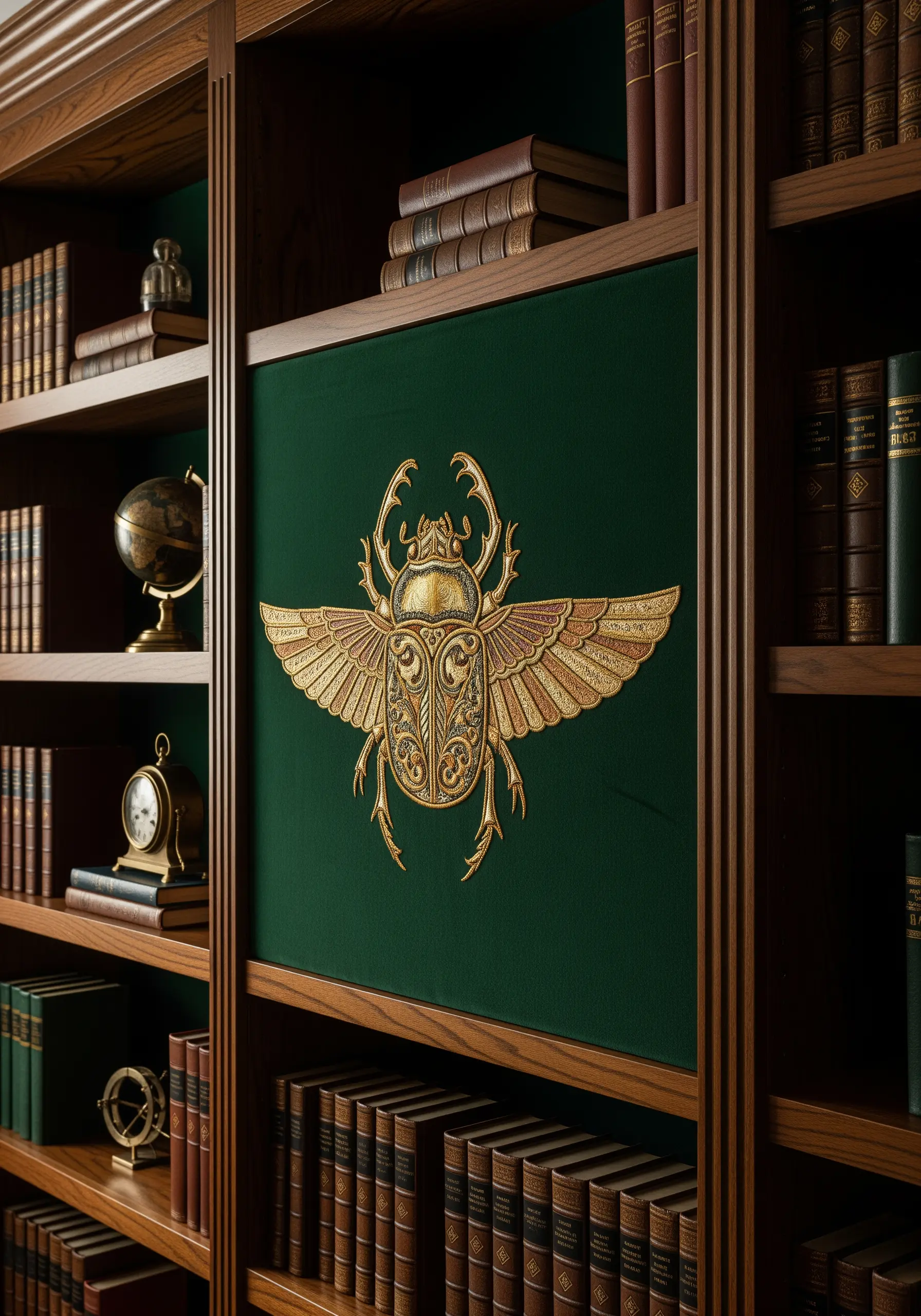 A large, ornate goldwork embroidery of a scarab beetle on dark green velvet.