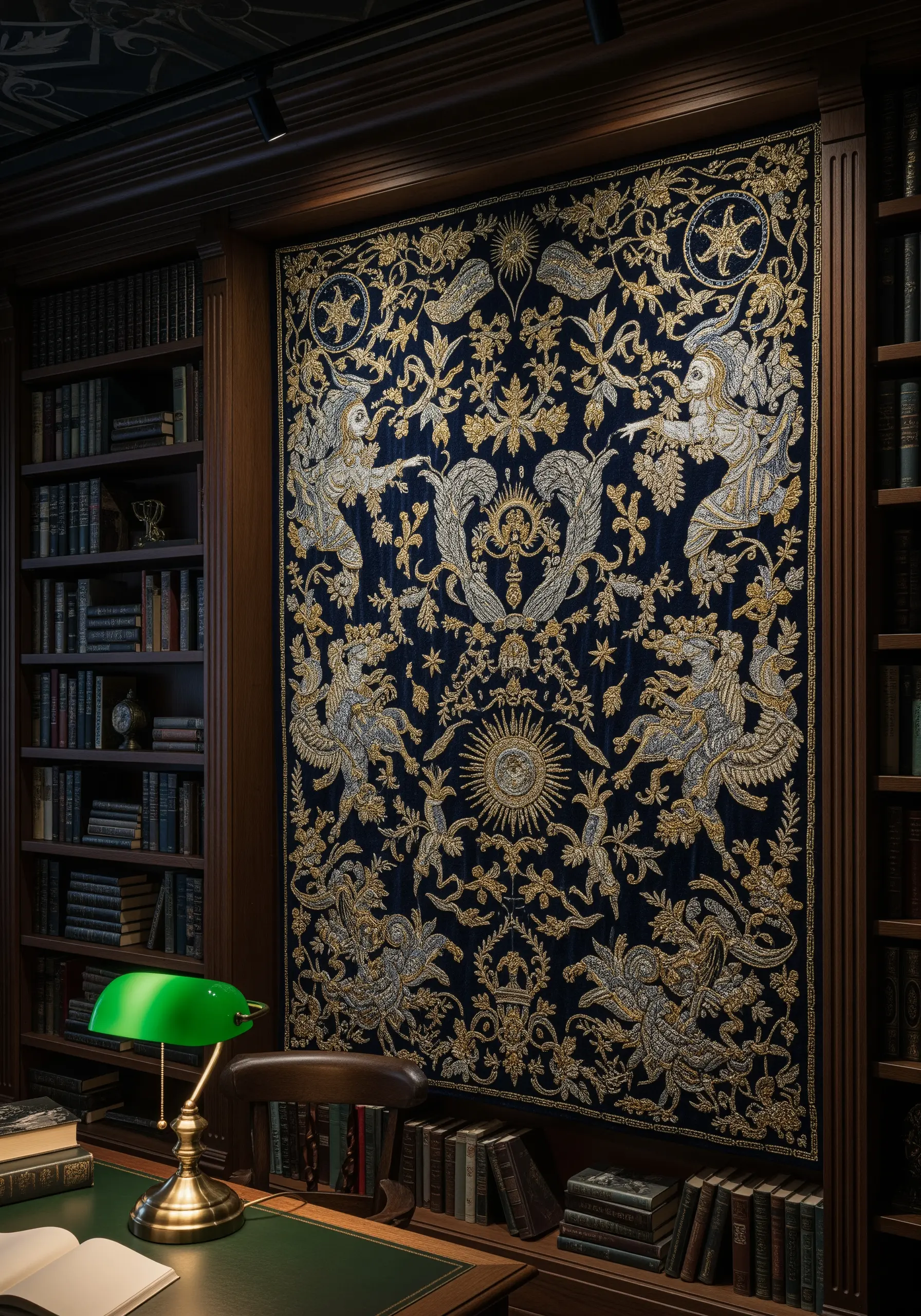 An ornate gold and silver metallic embroidery on a dark navy velvet tapestry in a library.