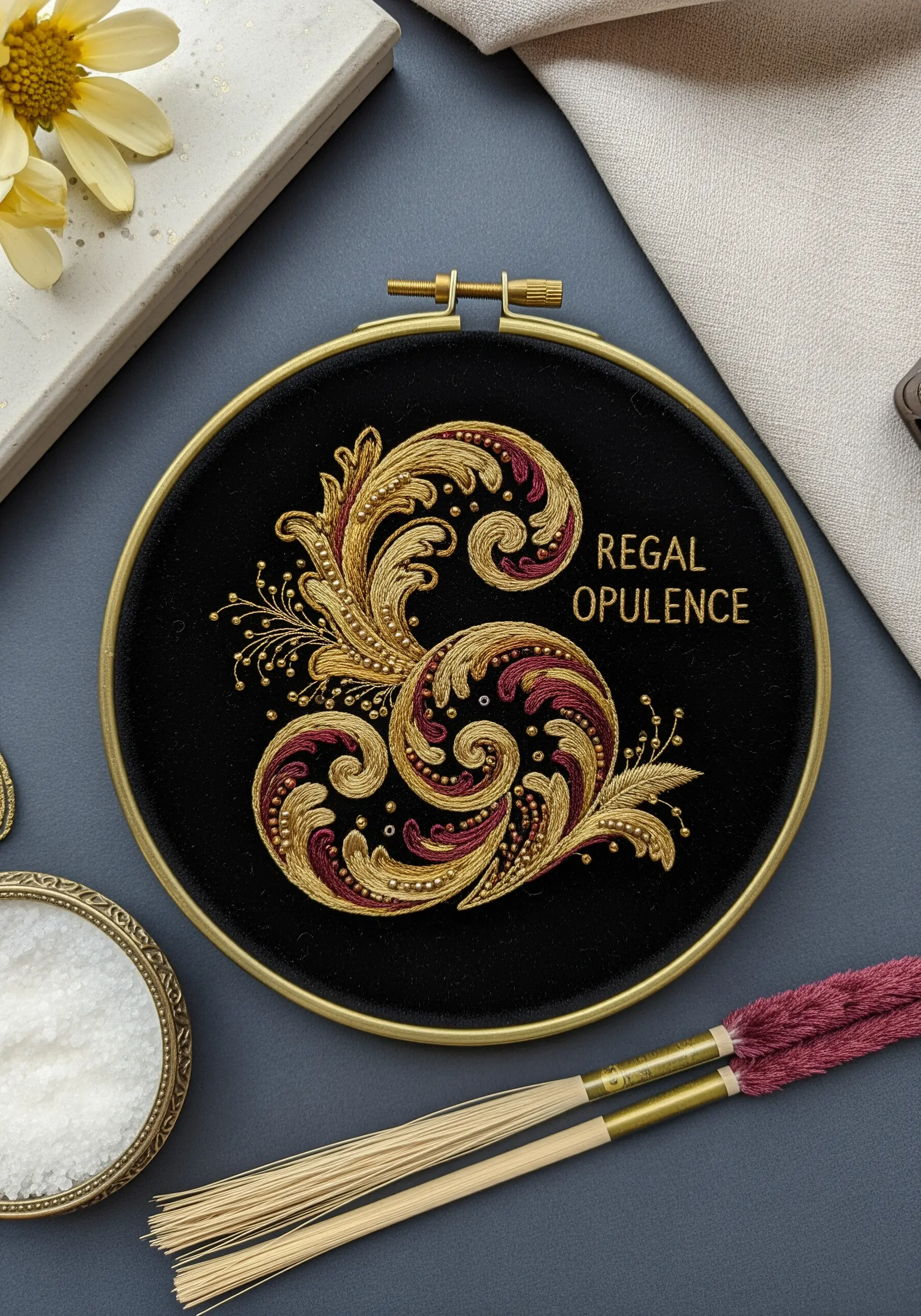 Ornate gold and magenta scrollwork embroidered with metallic threads on black velvet.