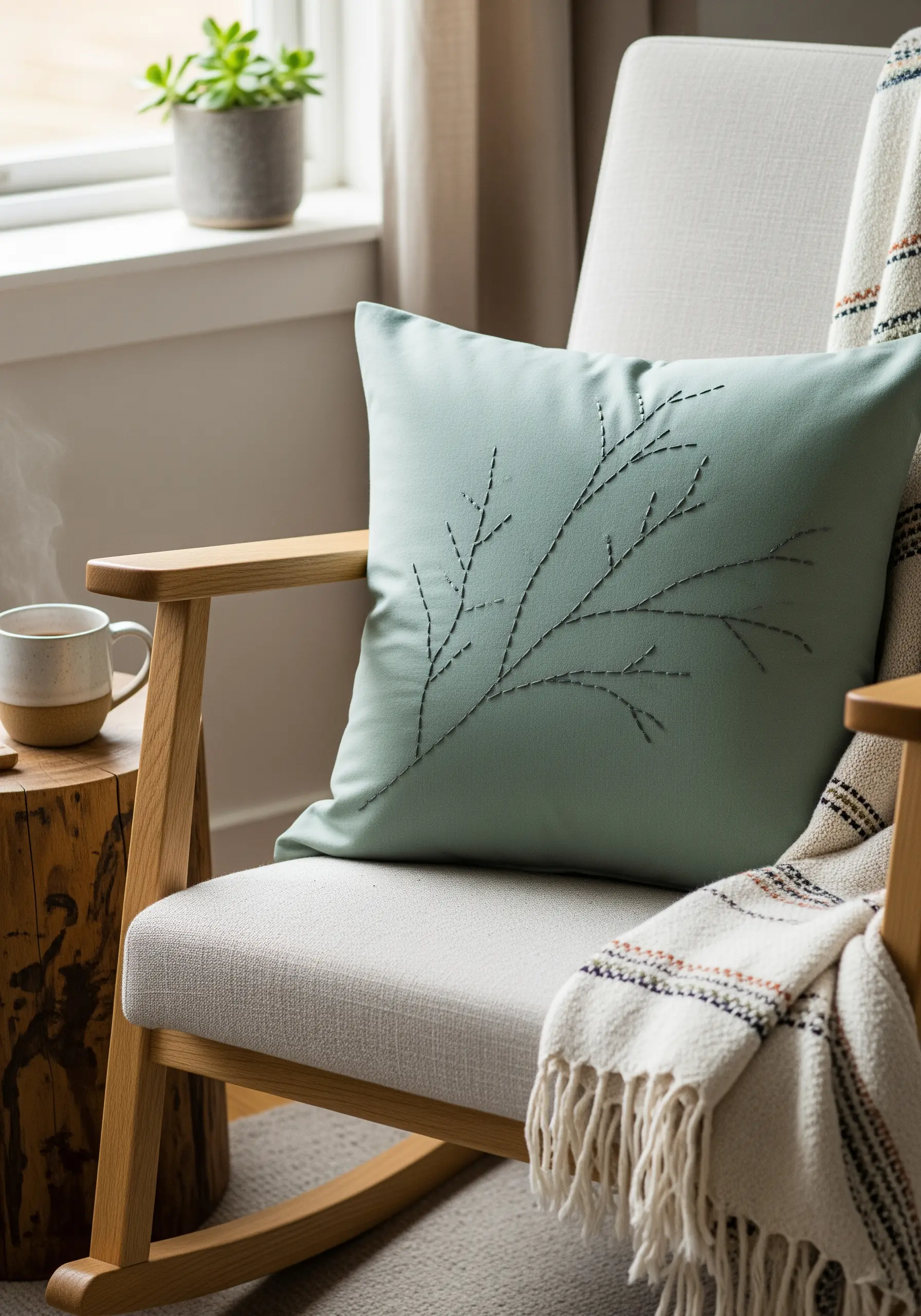 A minimal branch embroidered in dark thread on a sage green pillow, using varied stitch lengths.