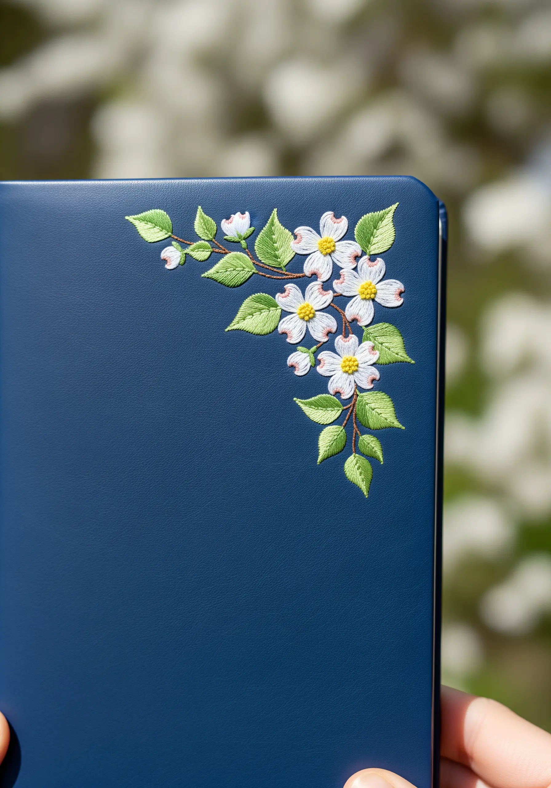 A corner floral design with white dogwood flowers and blended green leaves on a blue journal.