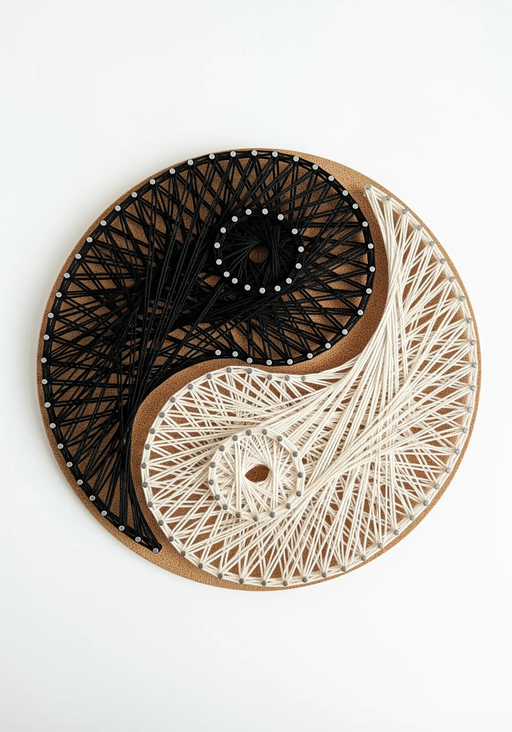 A string art yin-yang symbol in black and white thread on a circular cork board