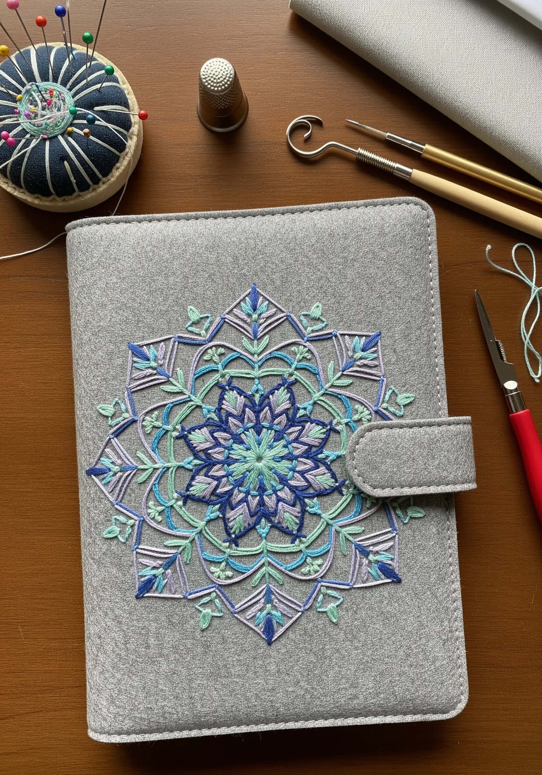 A complex blue and green geometric mandala embroidered on the cover of a grey felt journal.