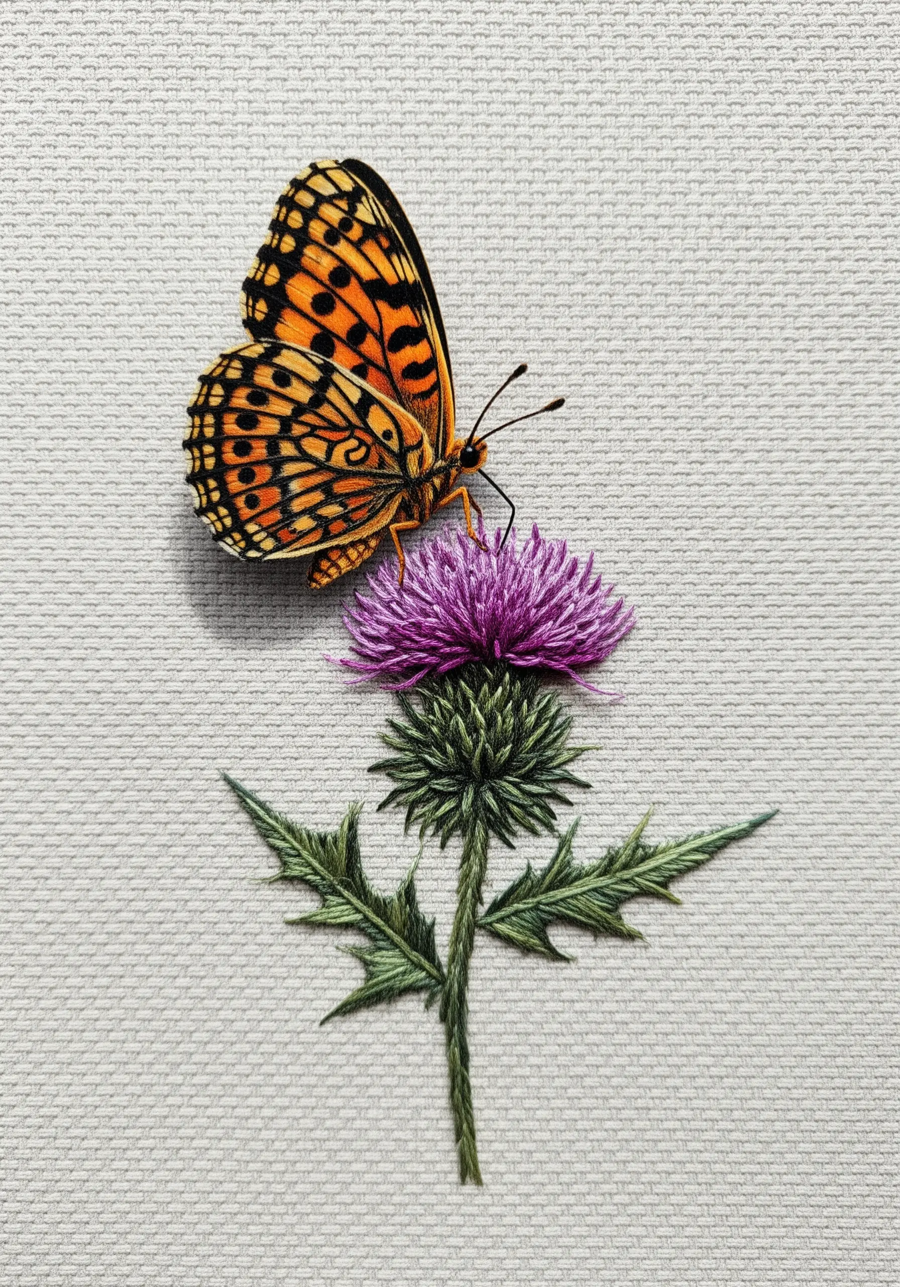 Hyper-realistic Fritillary butterfly on a purple thistle, showcasing fine thread painting.
