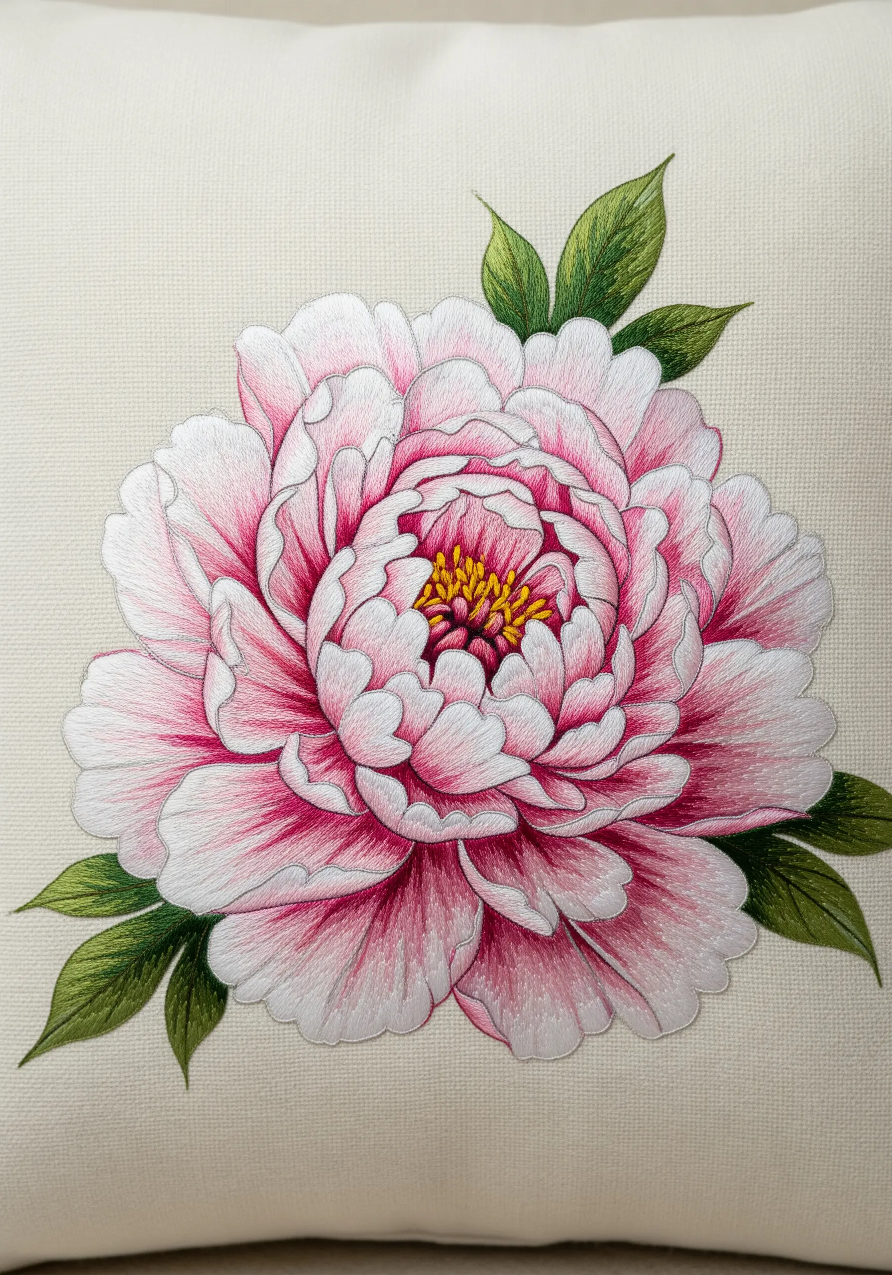 A large, photorealistic embroidered peony with detailed pink and white petals.