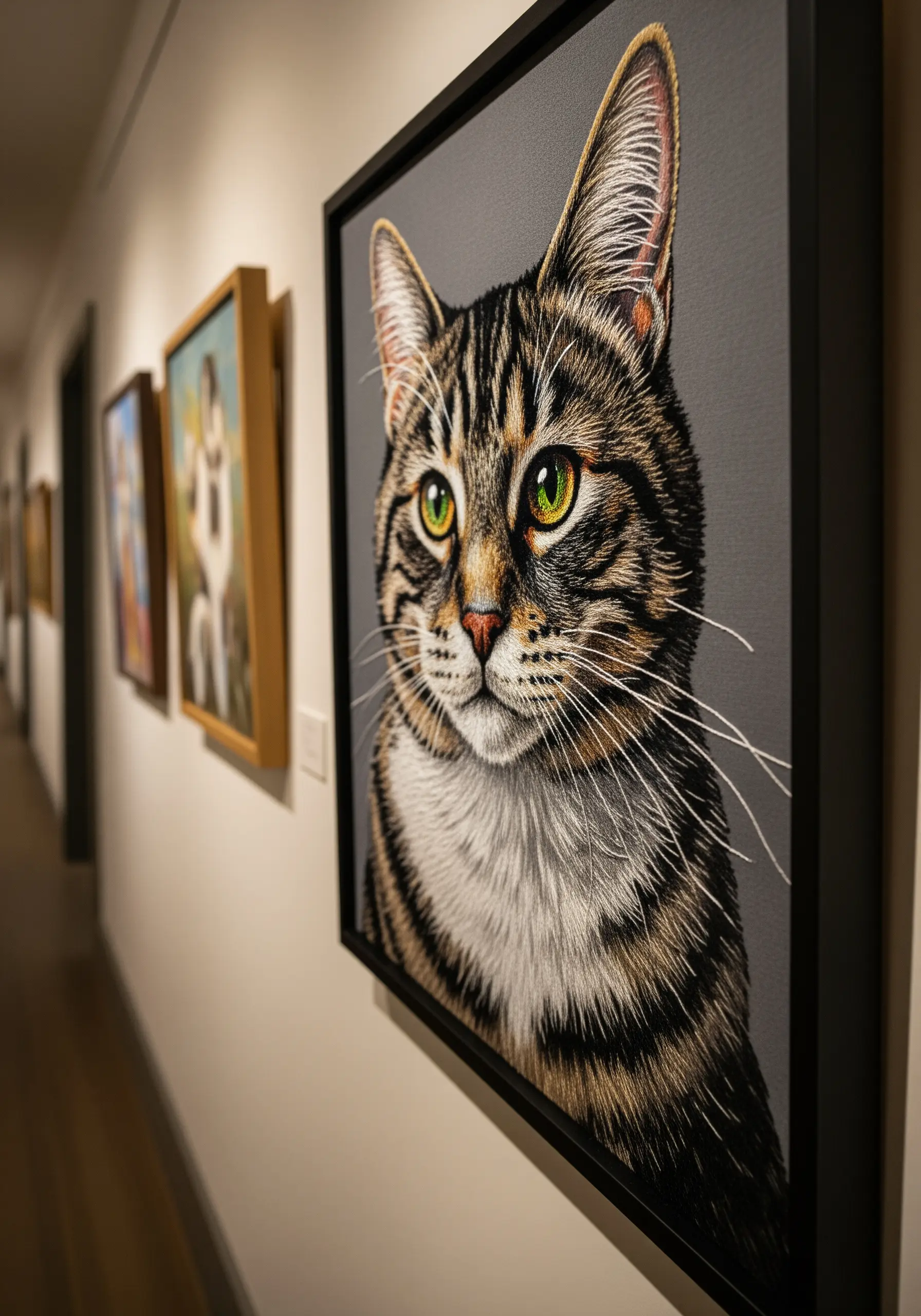 A highly detailed, photorealistic embroidered portrait of a tabby cat in a black frame.