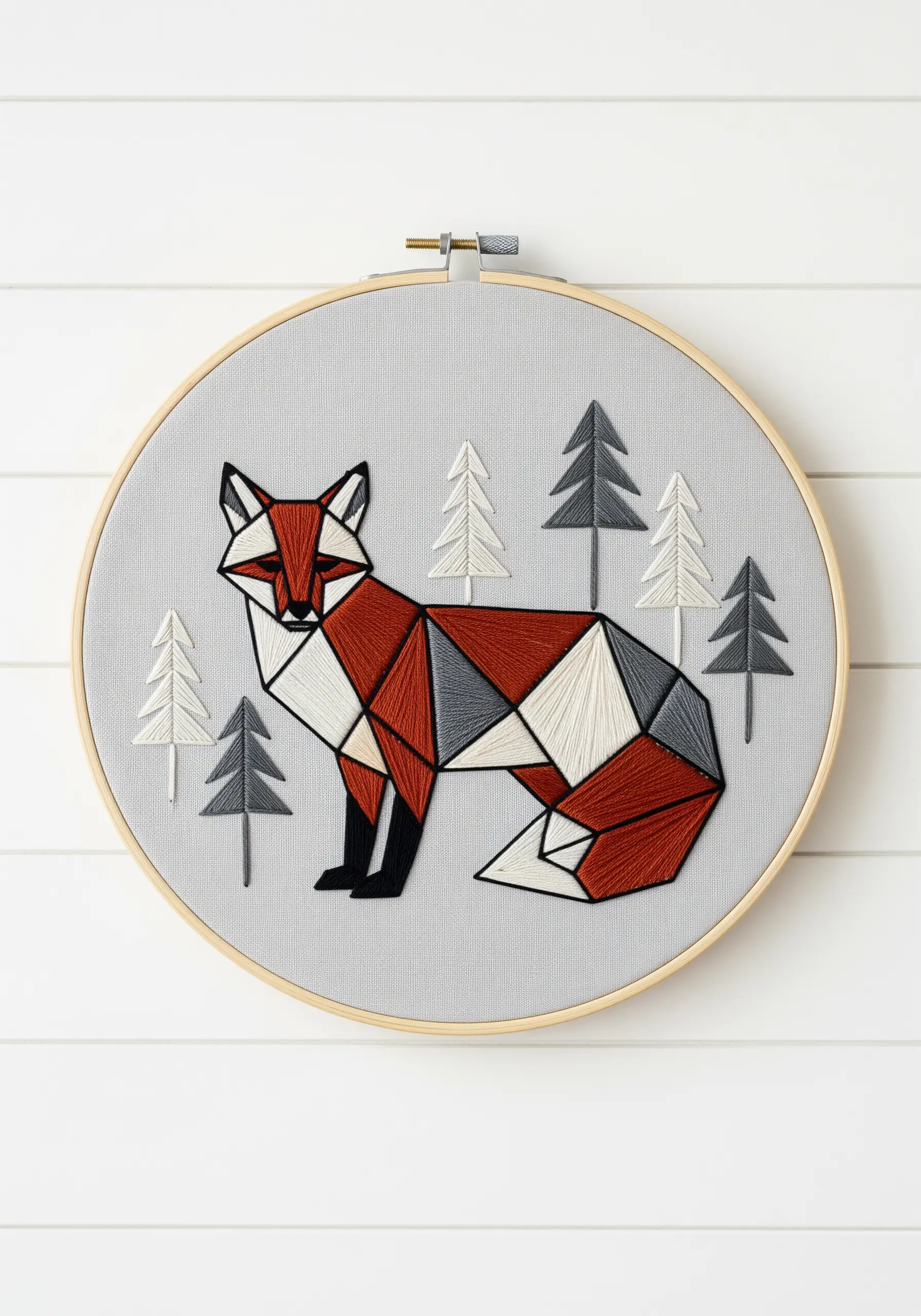 Geometric fox embroidered with clean satin stitch blocks of color
