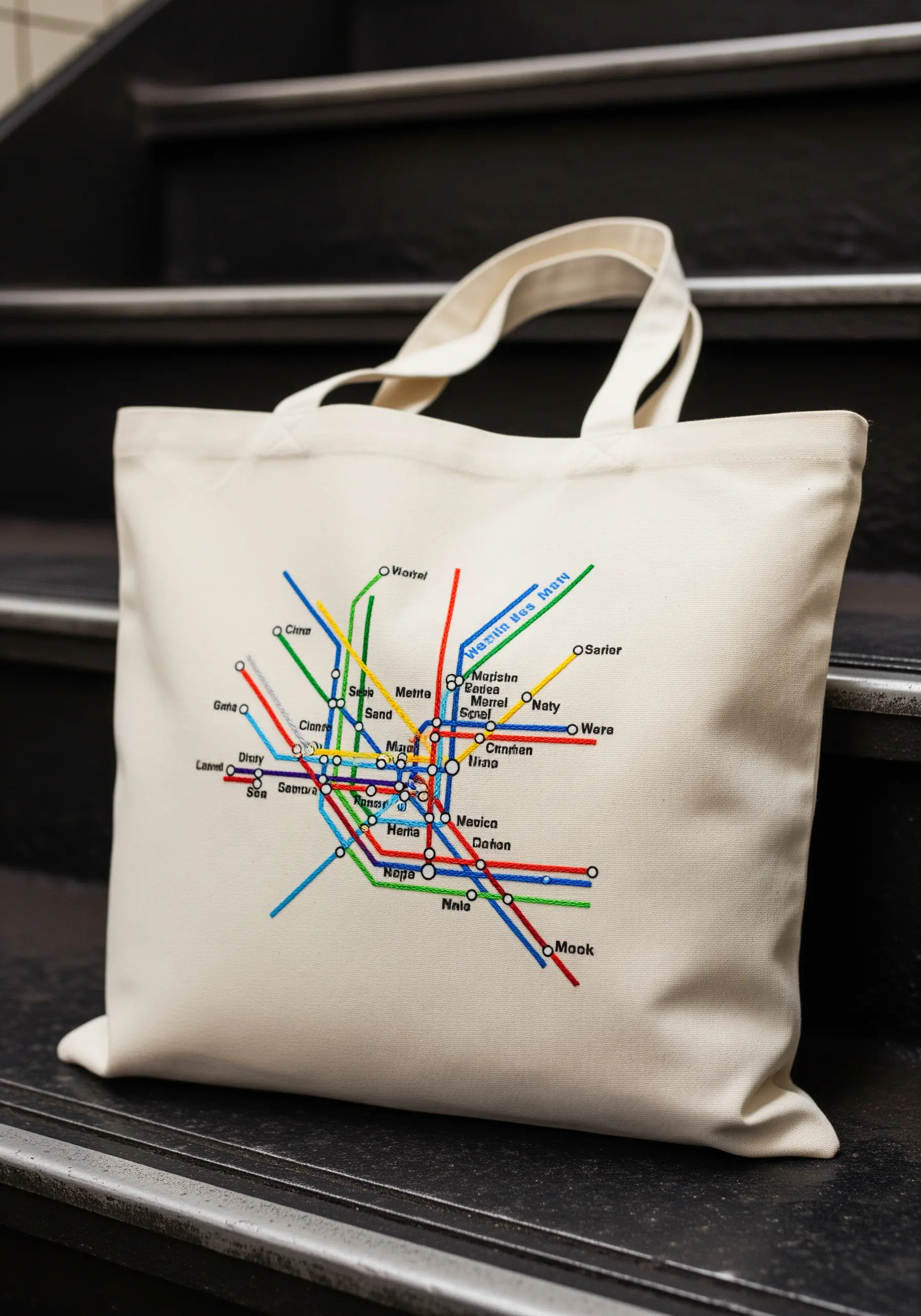 A minimalist subway map embroidered with colorful lines on a canvas tote bag.