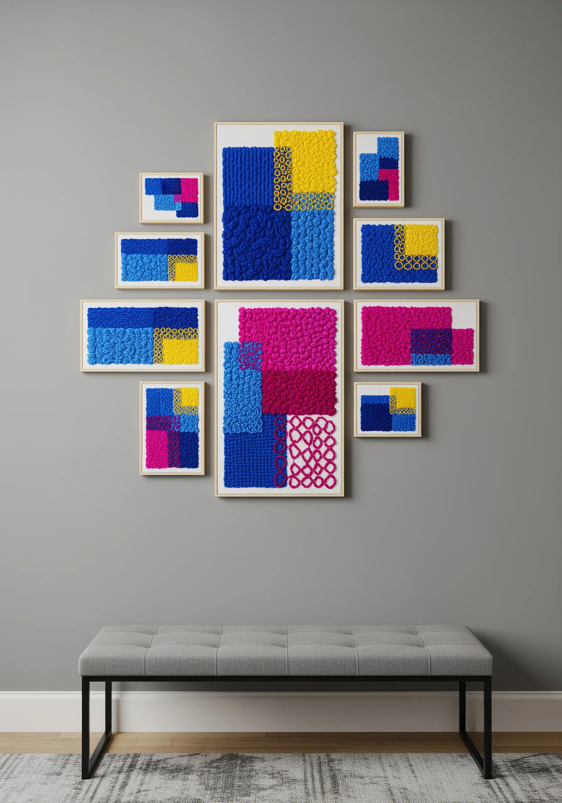 A gallery of framed abstract art with bold color blocking and a high-texture, looped finish.
