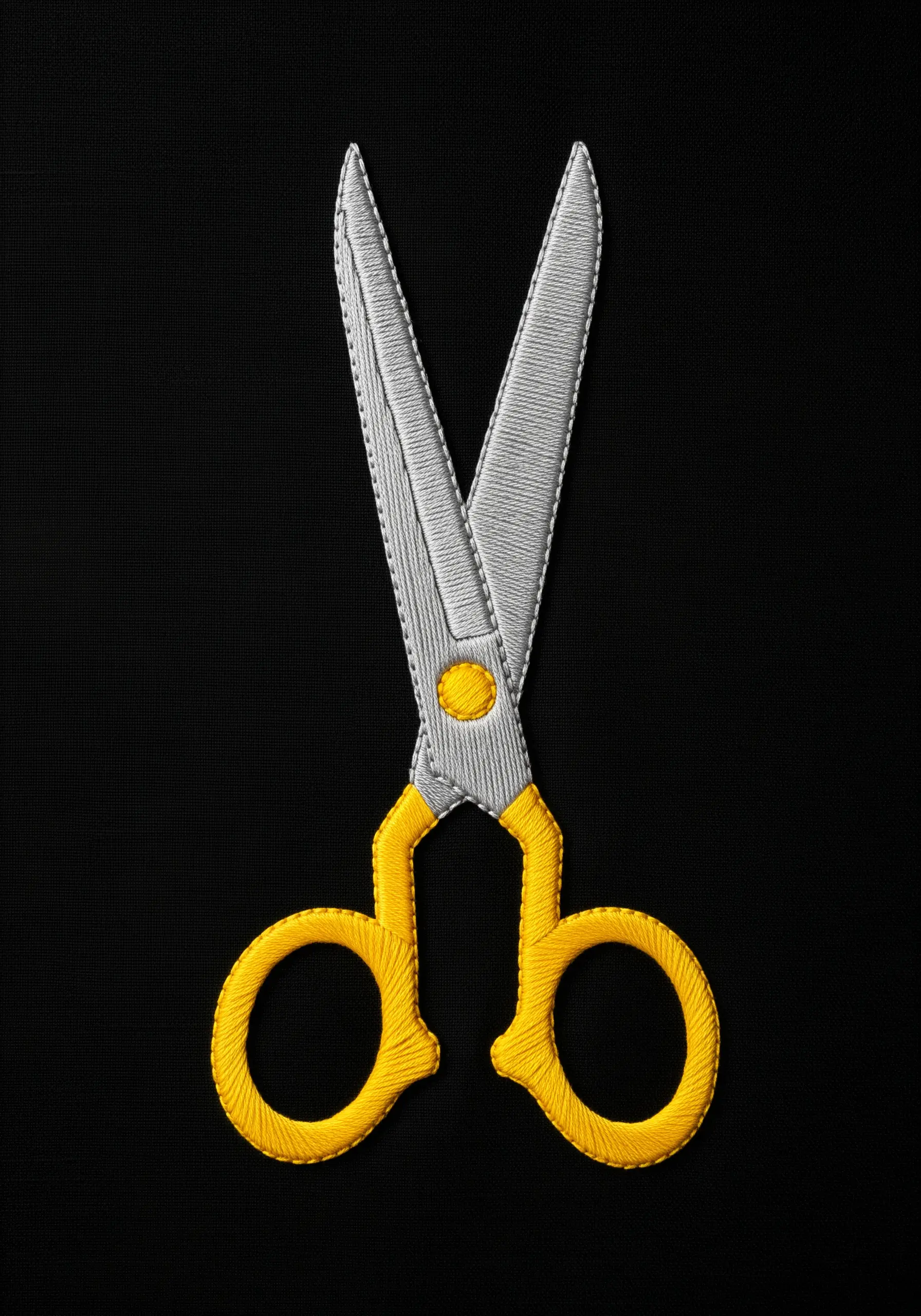 Embroidery of sharp scissors with clean satin stitch edges on black fabric.