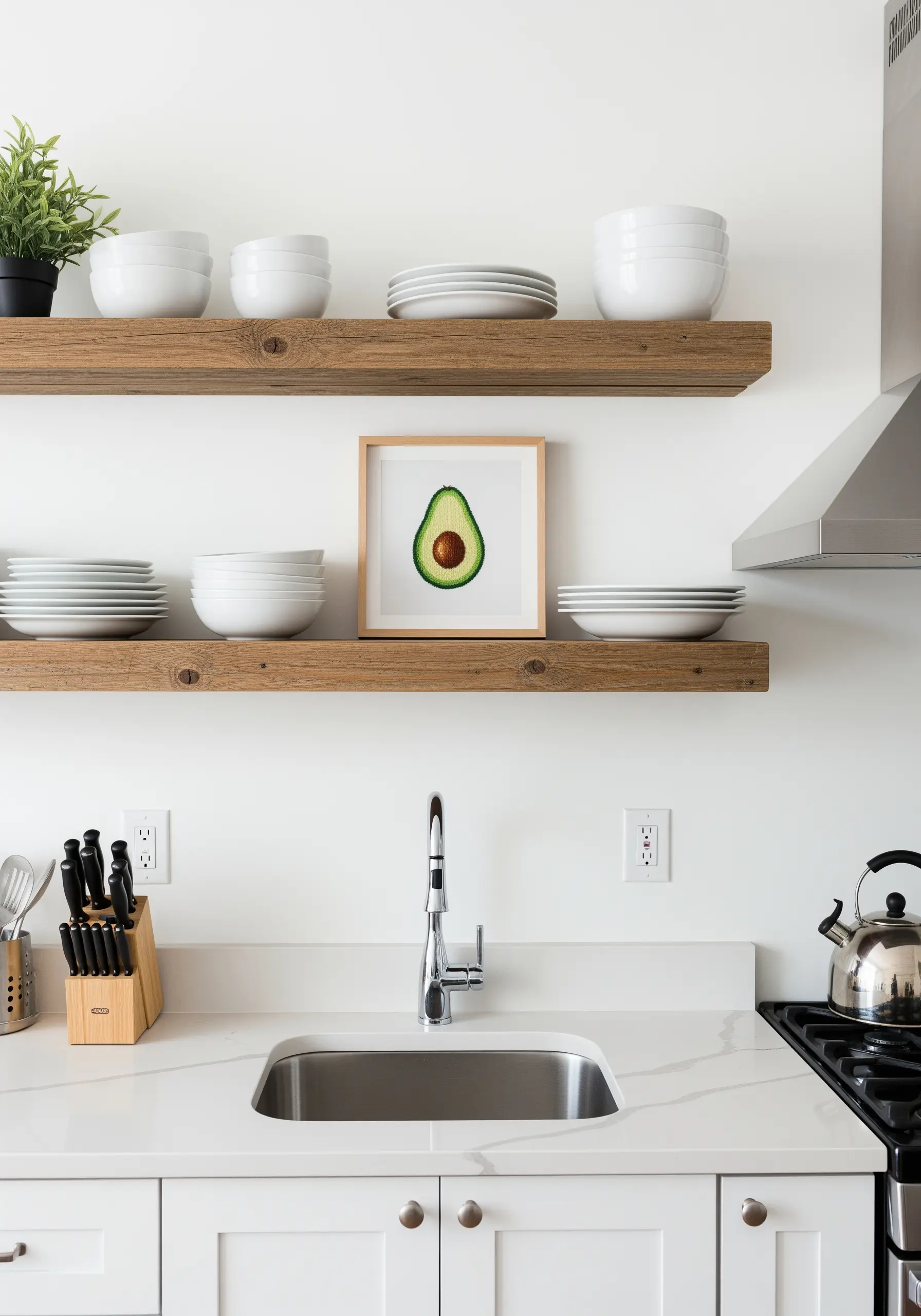 A framed embroidery of a realistic avocado half, showcasing color blending