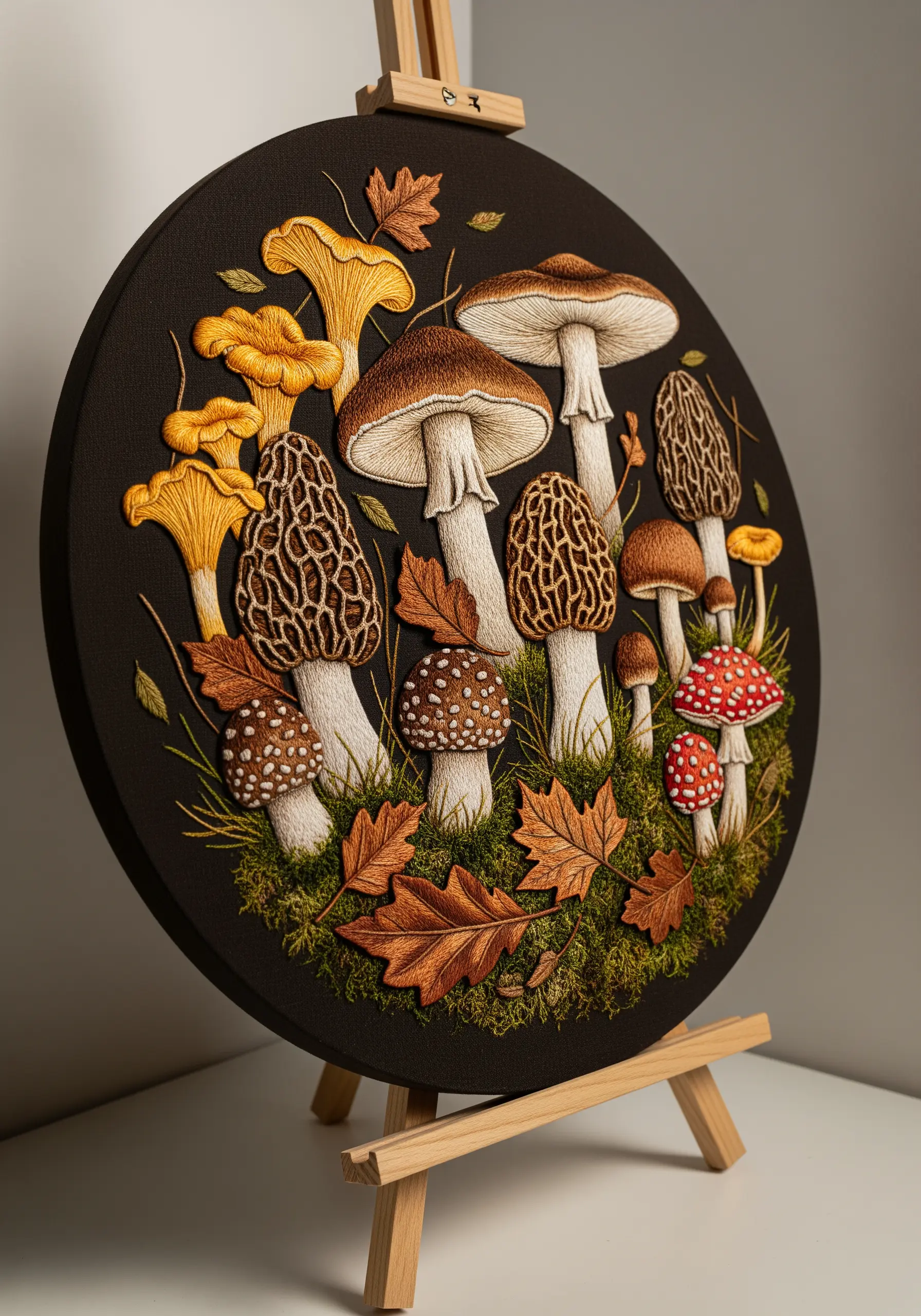Detailed embroidery of various mushroom species on a round black canvas.