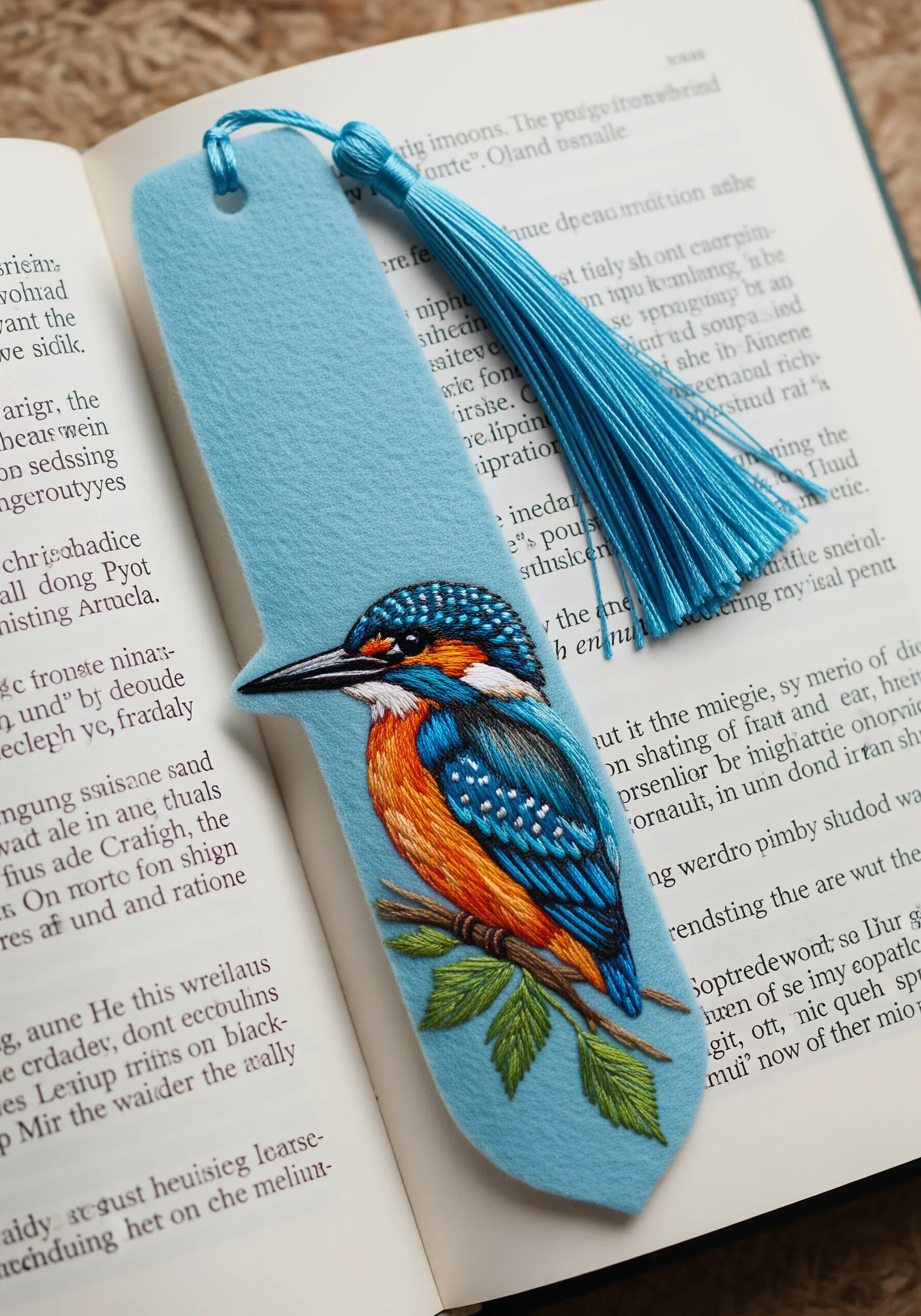 A highly detailed, thread-painted kingfisher embroidered on a light blue felt bookmark.
